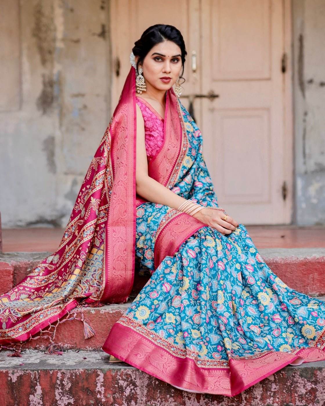 Teal Blue and Coral Tussar Silk Saree with Vibrant Floral Motifs and Ornamental Pallu - SEEANS