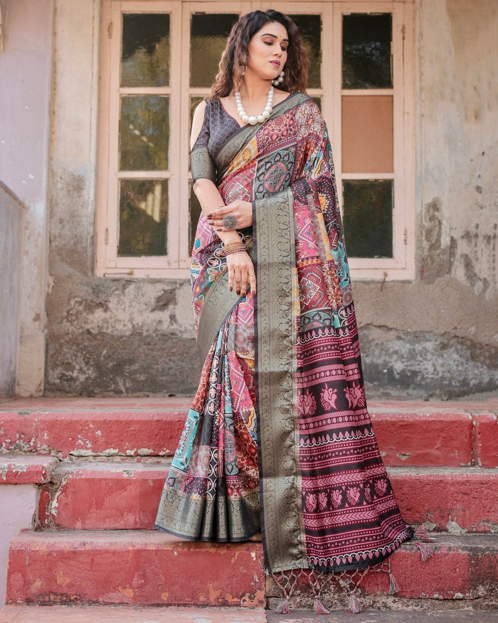 Multicolor Tussar Silk Saree with Ornamental Patchwork and Olive Zari Border - SEEANS