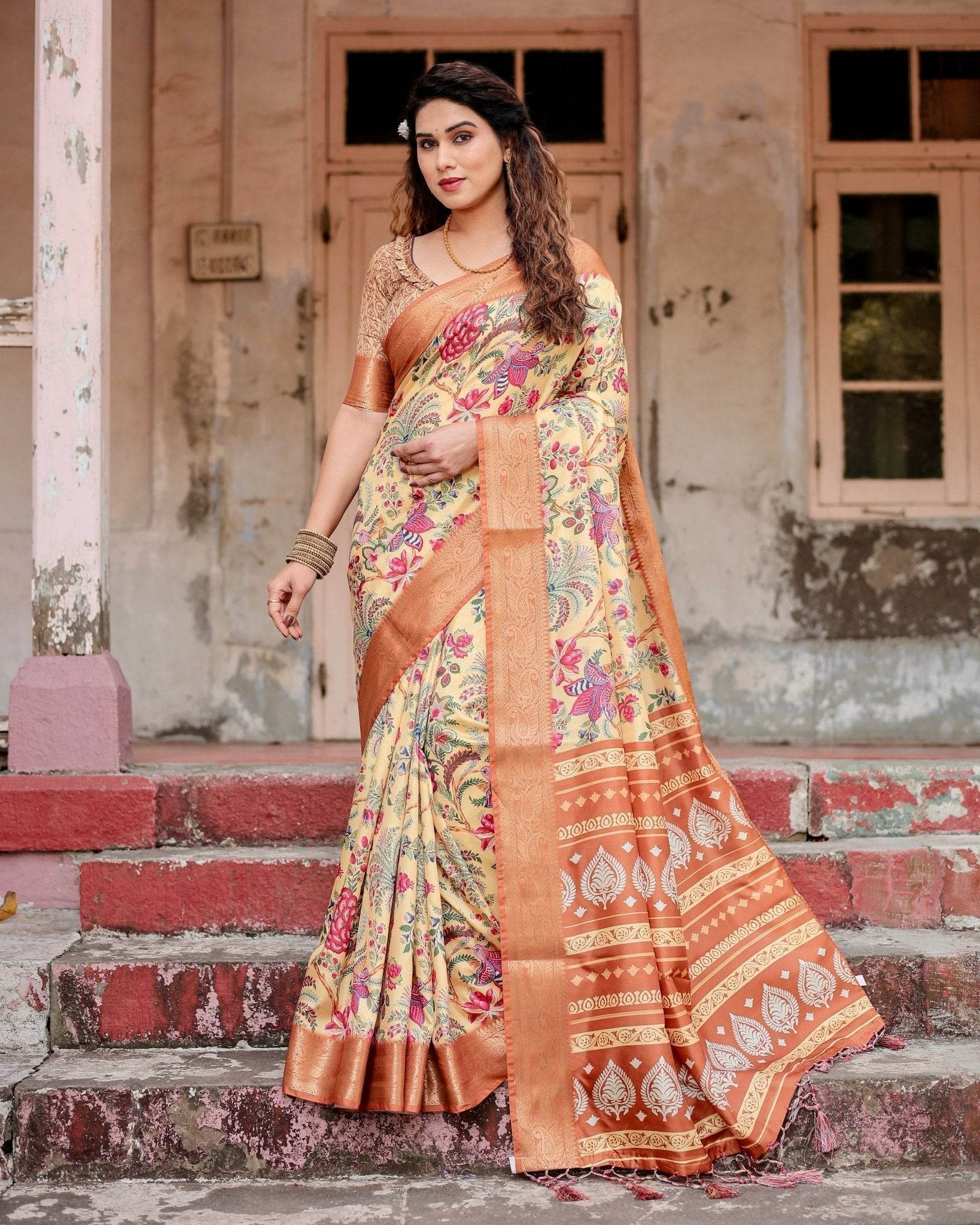 Golden Beige Tussar Silk Saree with Floral Paradise Print and Ornate Zari Border - SEEANS