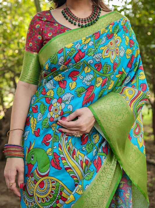 Vibrant Peacock Motif Blue and Green Tussar Silk Saree with Zari Border - SEEANS