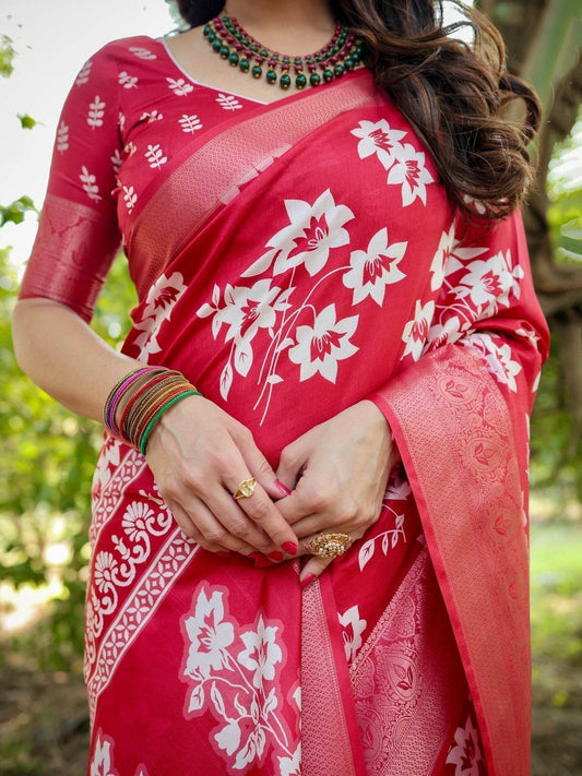 Graceful Red Tussar Silk Saree with White Floral Design and Zari Border - SEEANS