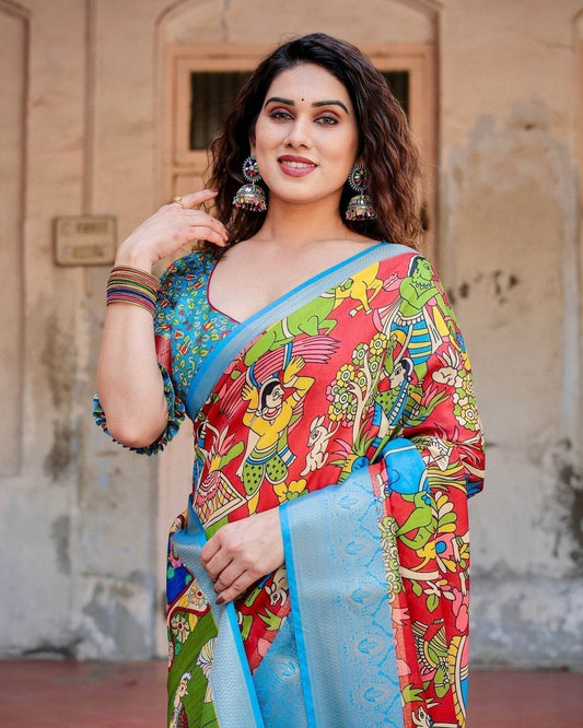 Multicolor Folk Art Inspired Digital Print Tussar Silk Saree with Sky Blue Zari Border - SEEANS