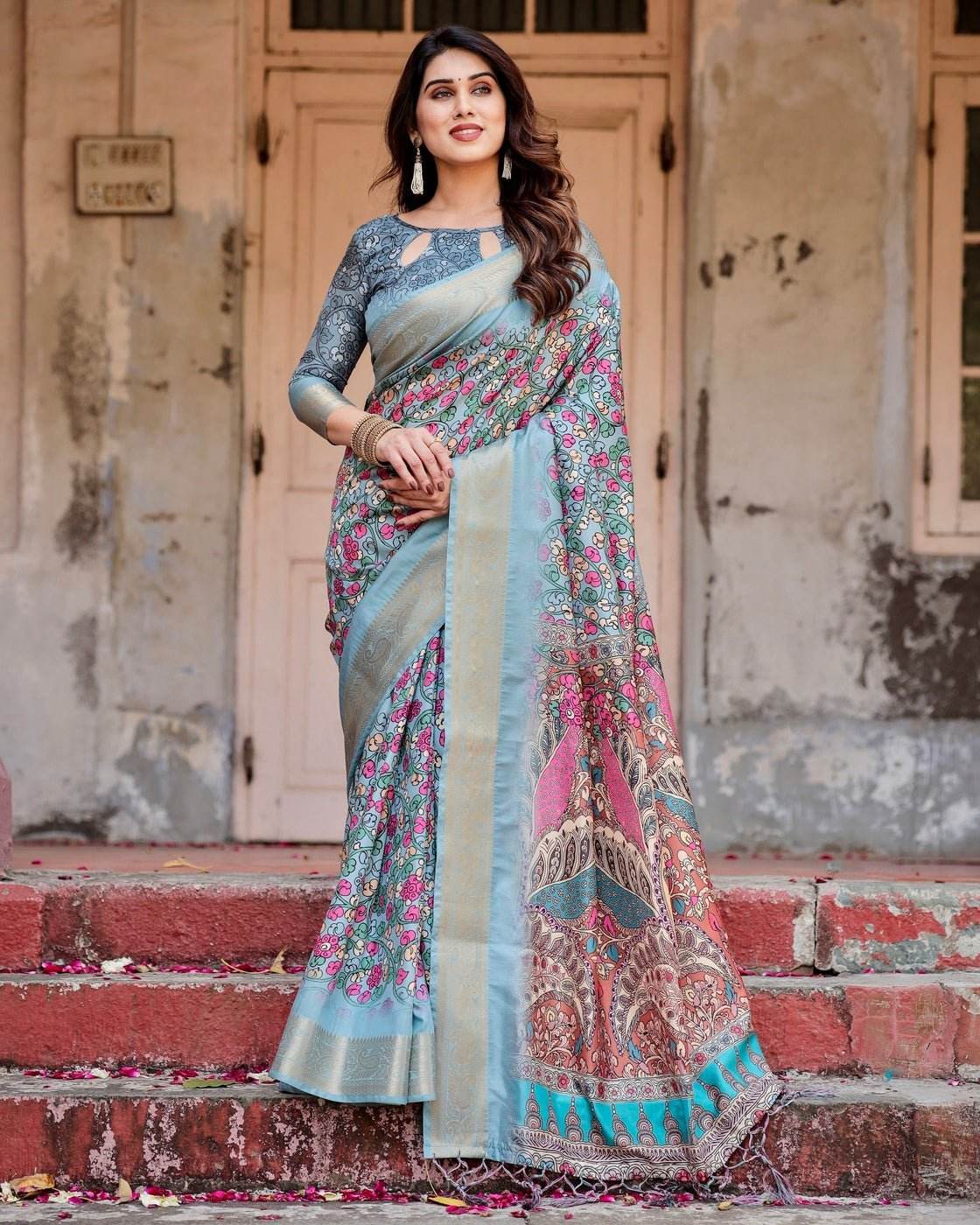 Sky Blue Tussar Silk Saree with Floral Weaves and Ornamental Pallu Design - SEEANS