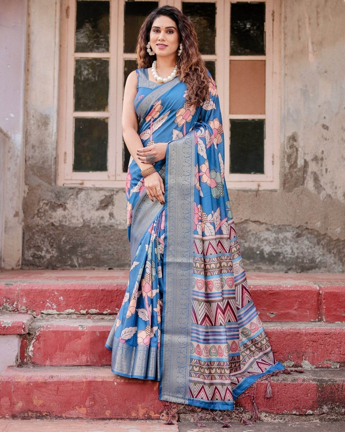 Sky Blue Tussar Silk Saree with Bold Floral Motifs and Chevron Pallu Design - SEEANS