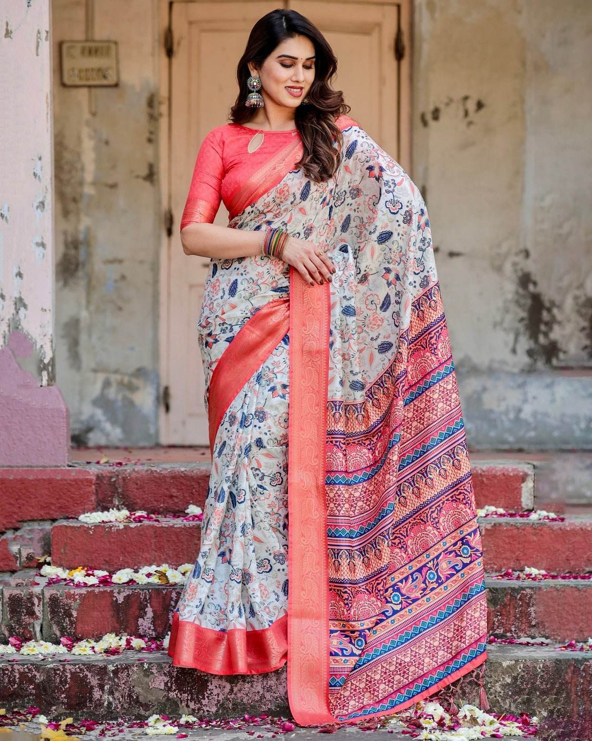 Ivory Tussar Silk Saree with Coral Zari Border and Intricate Floral Motifs - SEEANS