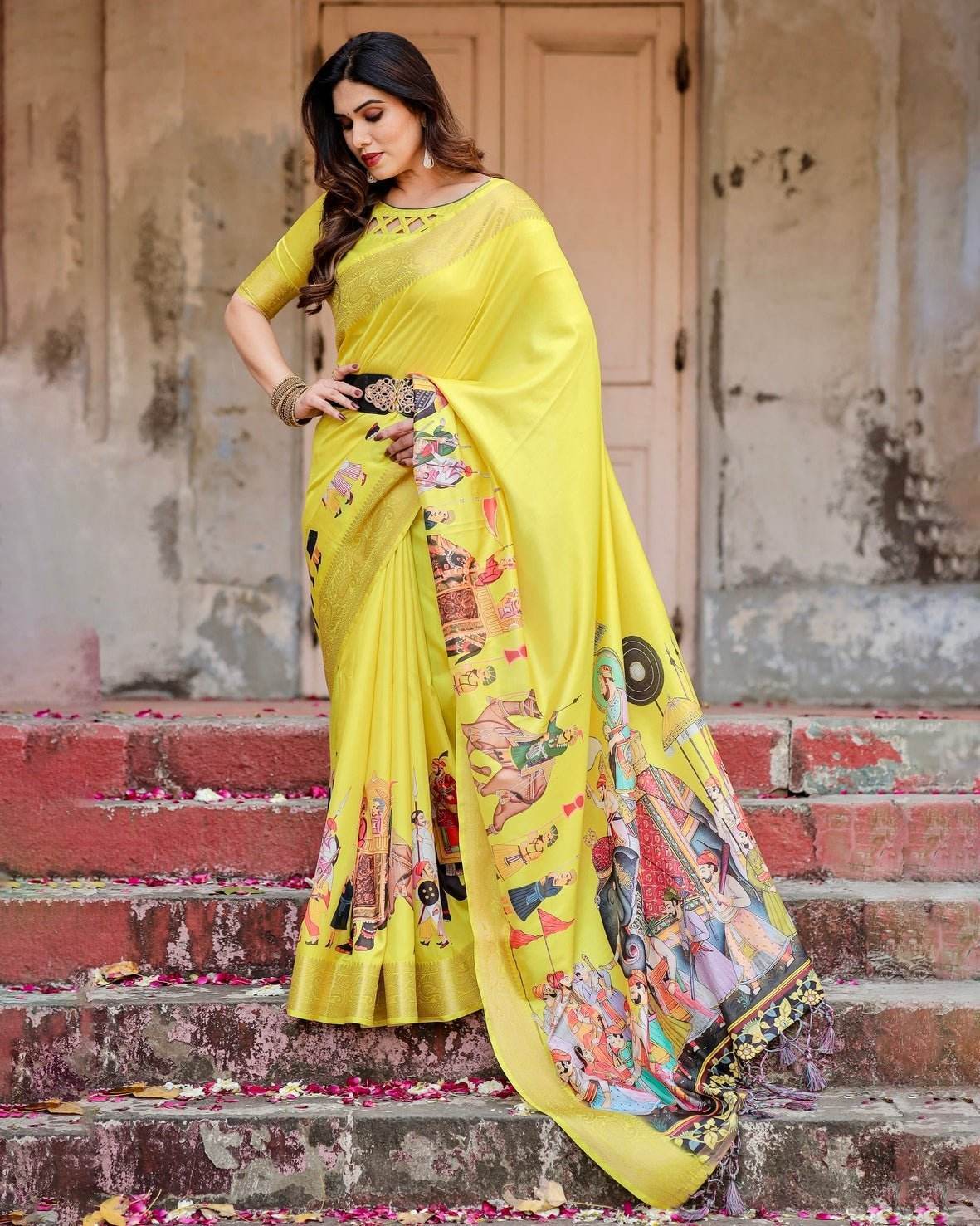 Vibrant Yellow Tussar Silk Saree with Royal Procession Pallu and Zari Accents - SEEANS