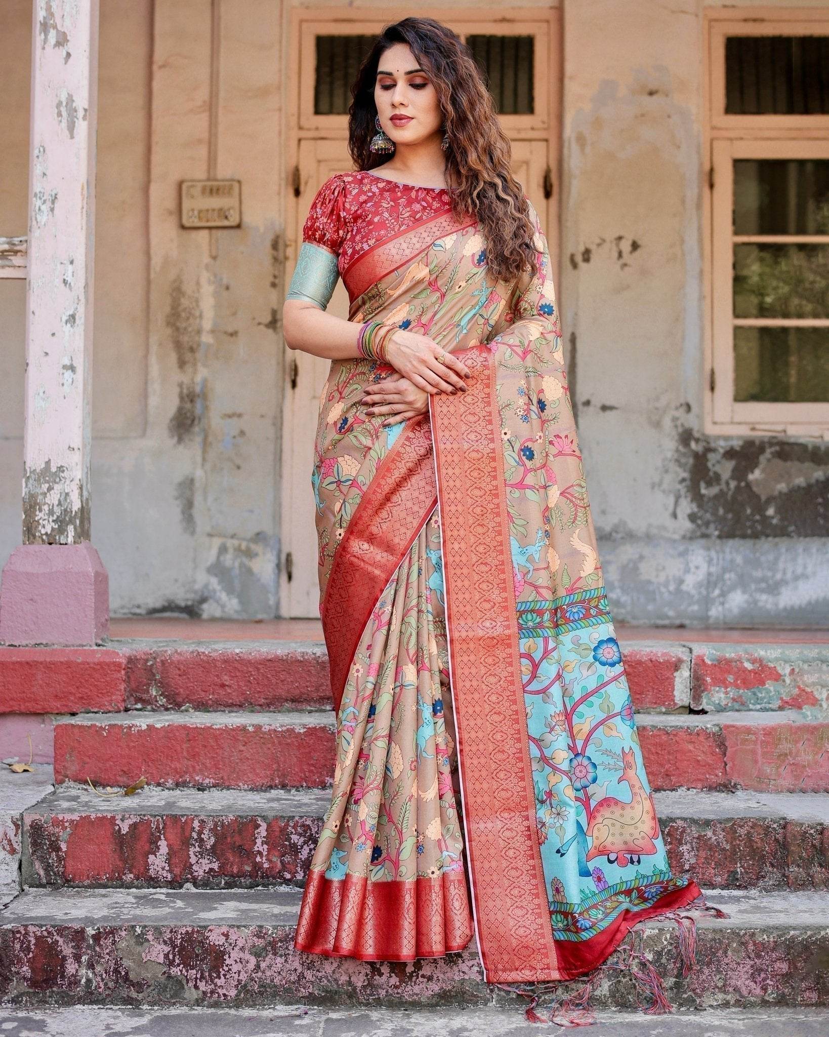 Beige Tussar Silk Saree with Vibrant Multicolor Floral Prints and Red Zari Border - SEEANS