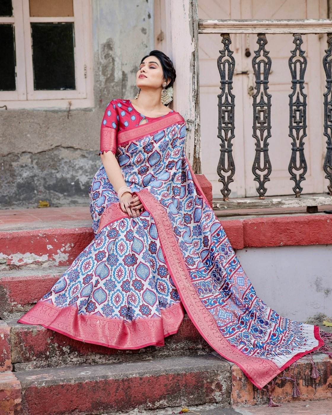 White and Red Tussar Silk Saree with Vibrant Floral Geometric Motifs and Ornamental Zari Border - SEEANS