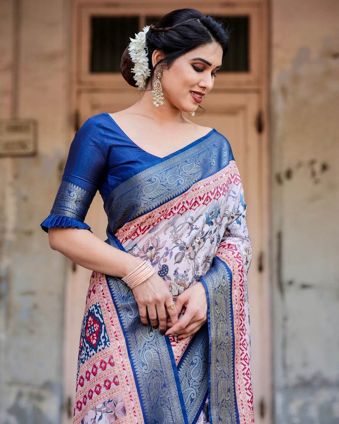 Ivory and Navy Blue Tussar Silk Saree with Floral Elegance and Ornamental Zari Work - SEEANS