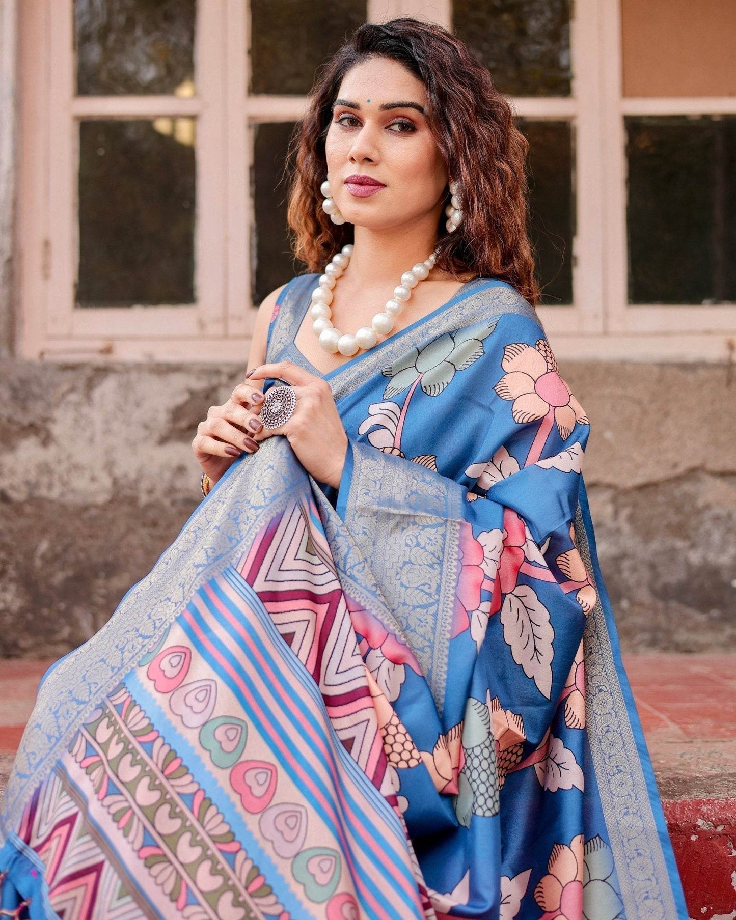 Sky Blue Tussar Silk Saree with Bold Floral Motifs and Chevron Pallu Design - SEEANS