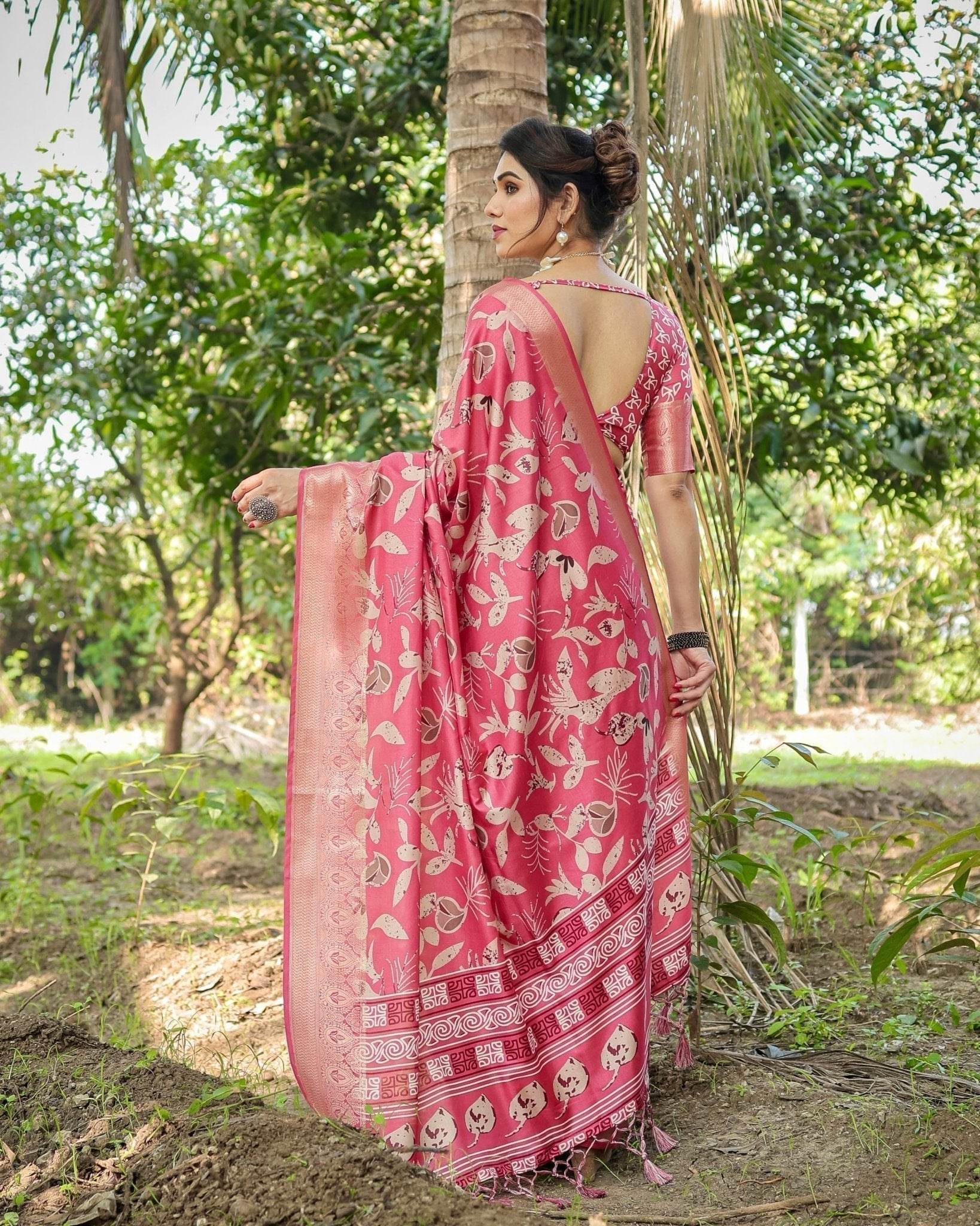 Vibrant Pink Tussar Silk Saree with Intricate Zari Border and Modern Floral Pallu - SEEANS