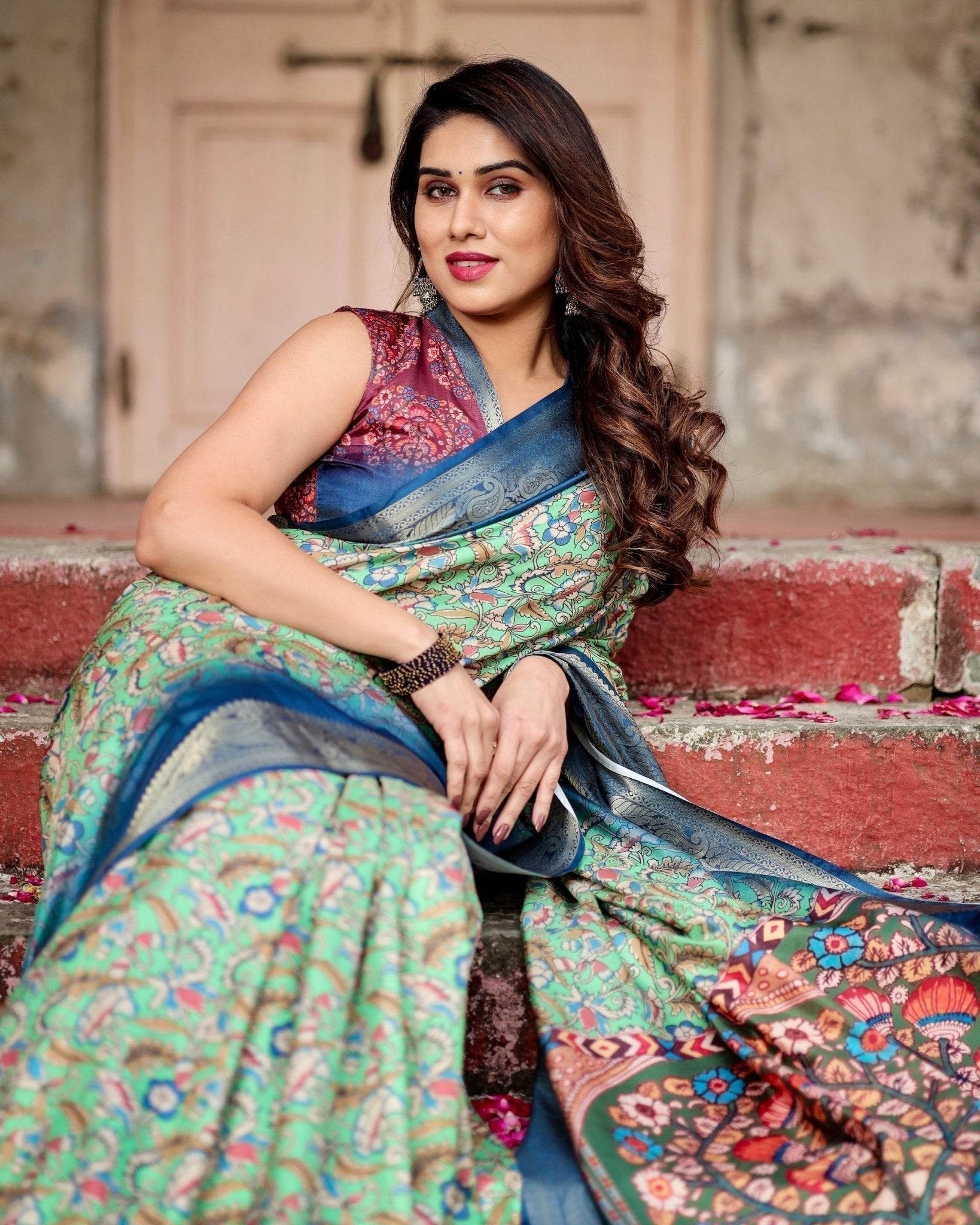 Majestic Blue and Green Digital Print Saree with Intricate Floral Motifs and Contrasting Pallu - SEEANS