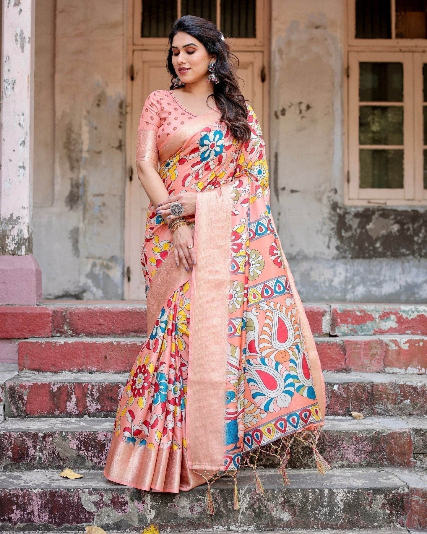 Peach Tussar Silk Saree with Vibrant Floral Kalamkari and Zari Highlights - SEEANS