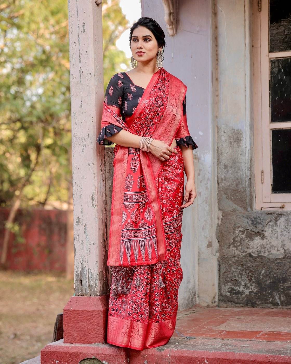 Fiery Red Tussar Silk Saree with Ornamental Motifs and Detailed Zari Pallu - SEEANS