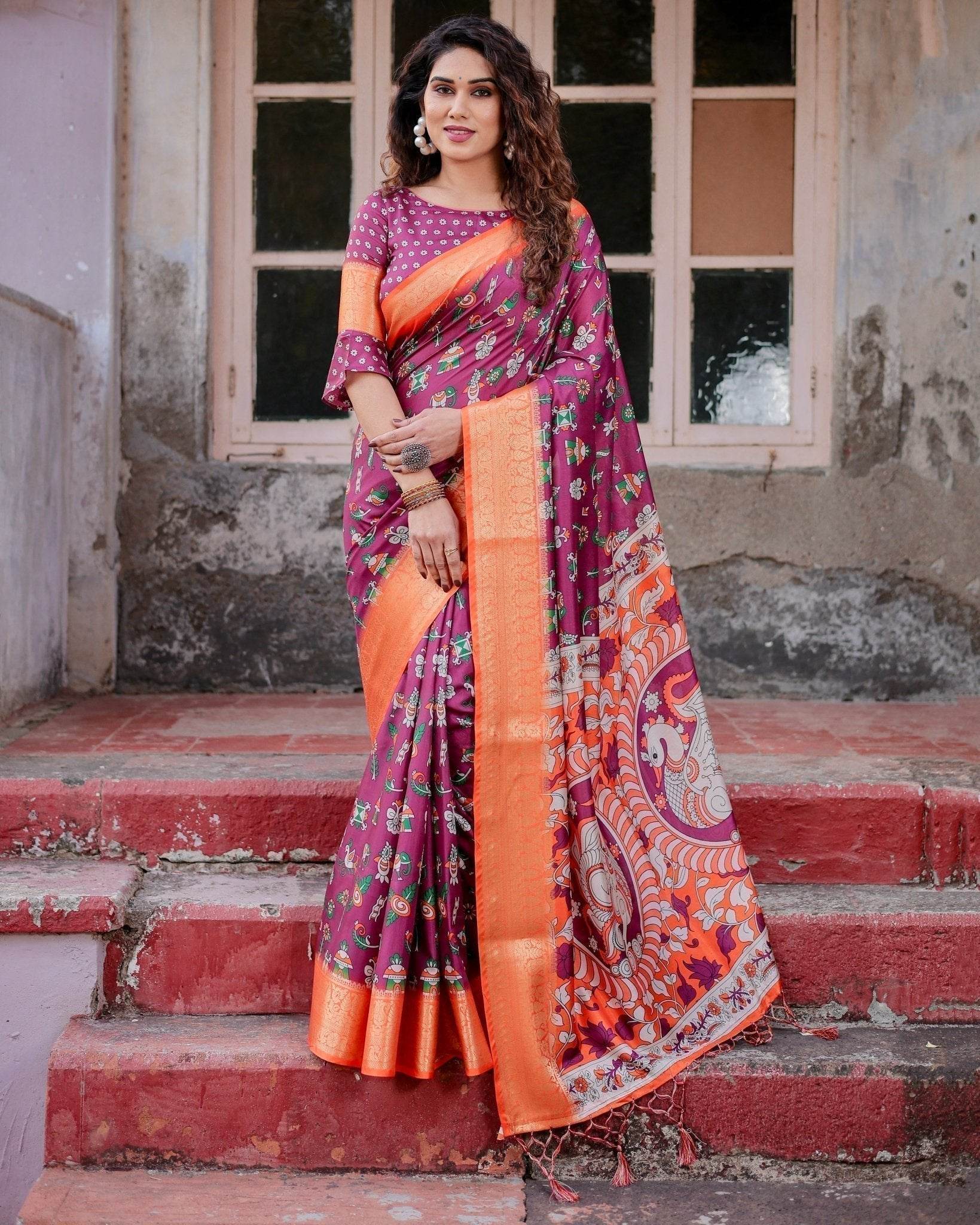 Wine Purple and Orange Tussar Silk Saree with Floral Motifs and Artistic Pallu - SEEANS