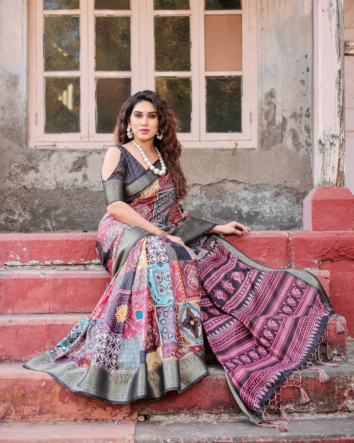 Multicolor Tussar Silk Saree with Ornamental Patchwork and Olive Zari Border - SEEANS