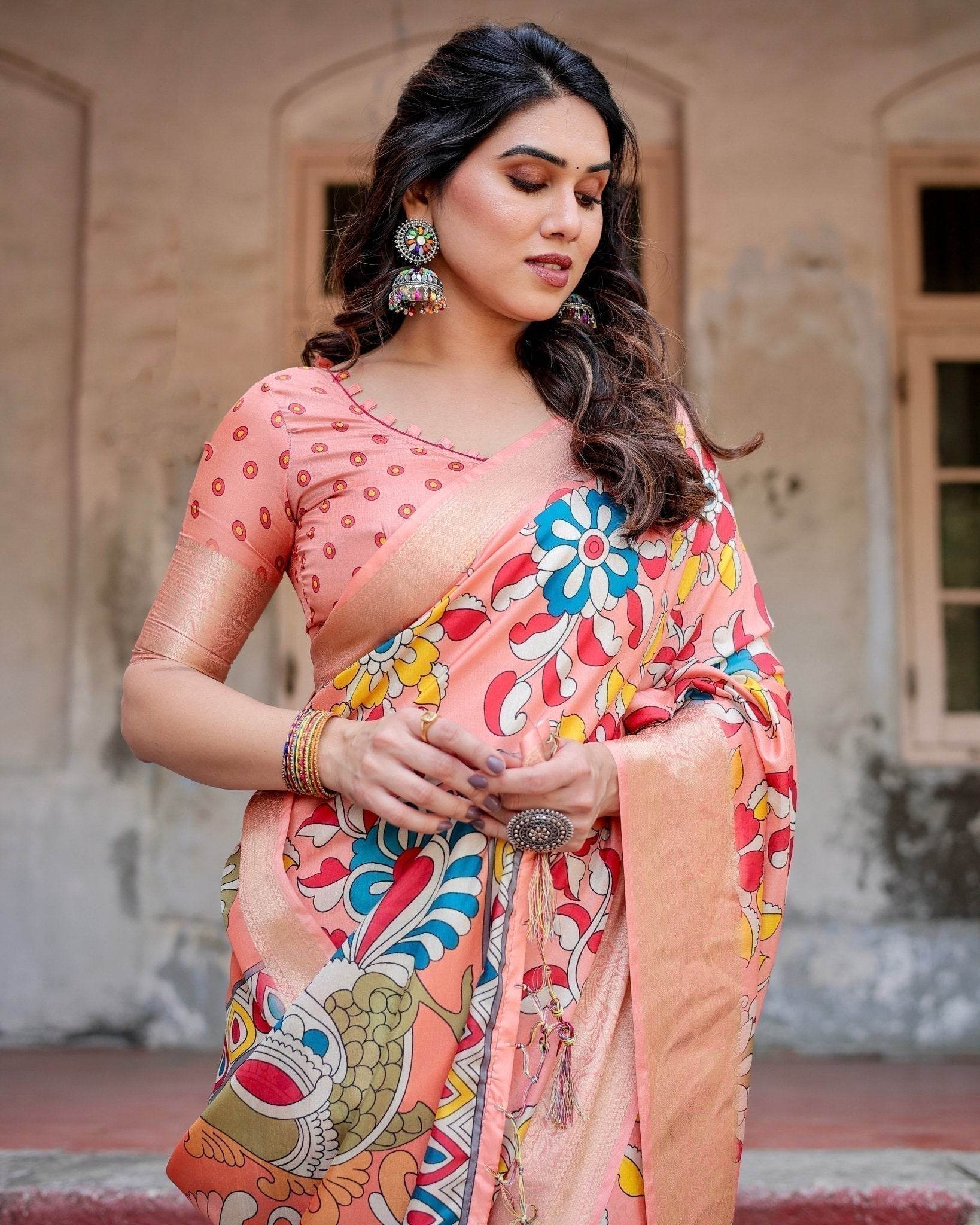 Peach Tussar Silk Saree with Vibrant Floral Kalamkari and Zari Highlights - SEEANS