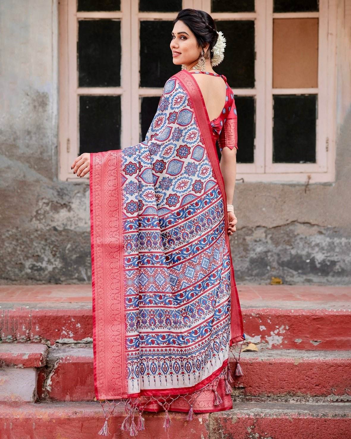 White and Red Tussar Silk Saree with Vibrant Floral Geometric Motifs and Ornamental Zari Border - SEEANS