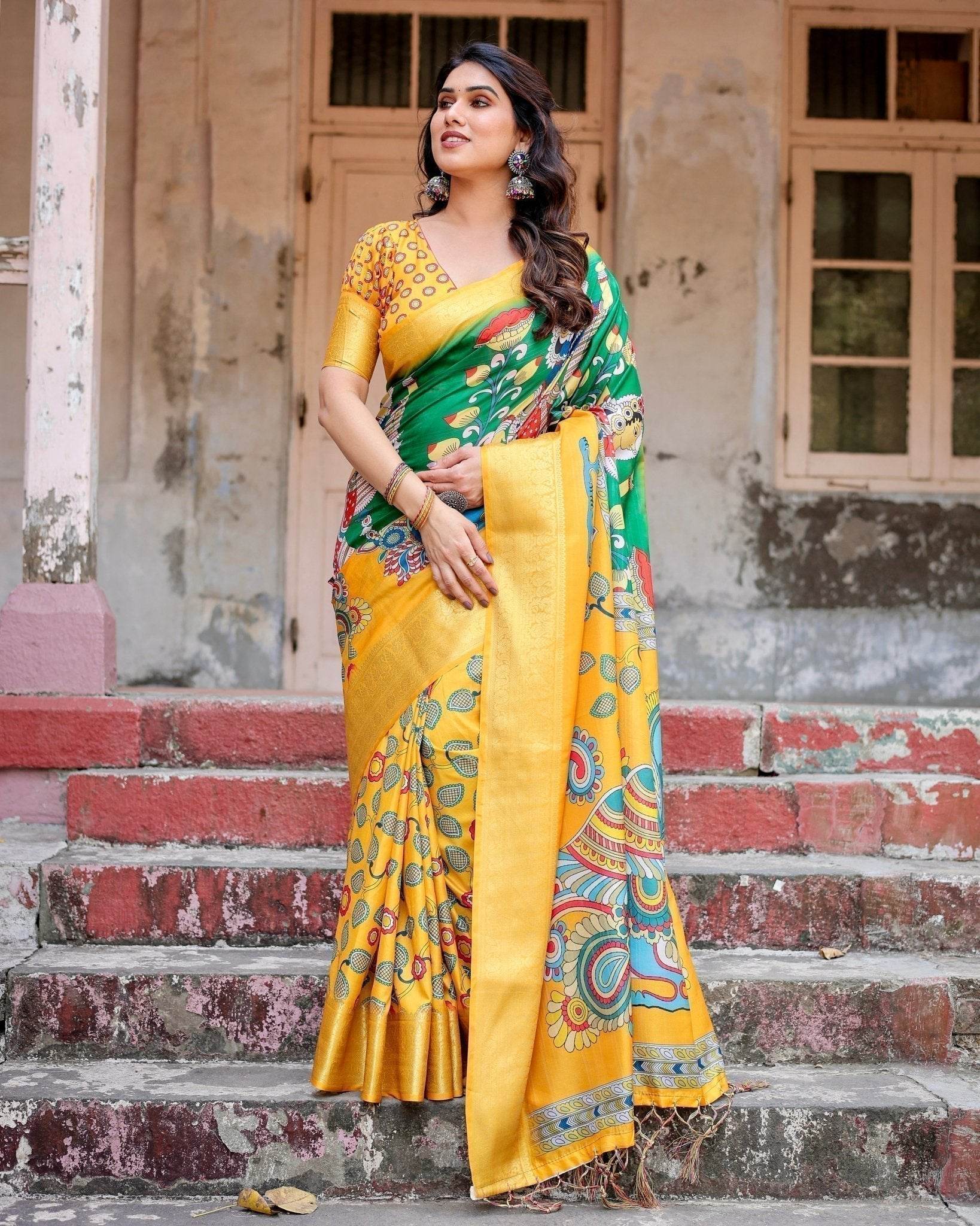 Golden Yellow Tussar Silk Saree with Vibrant Peacock Kalamkari Motifs - SEEANS