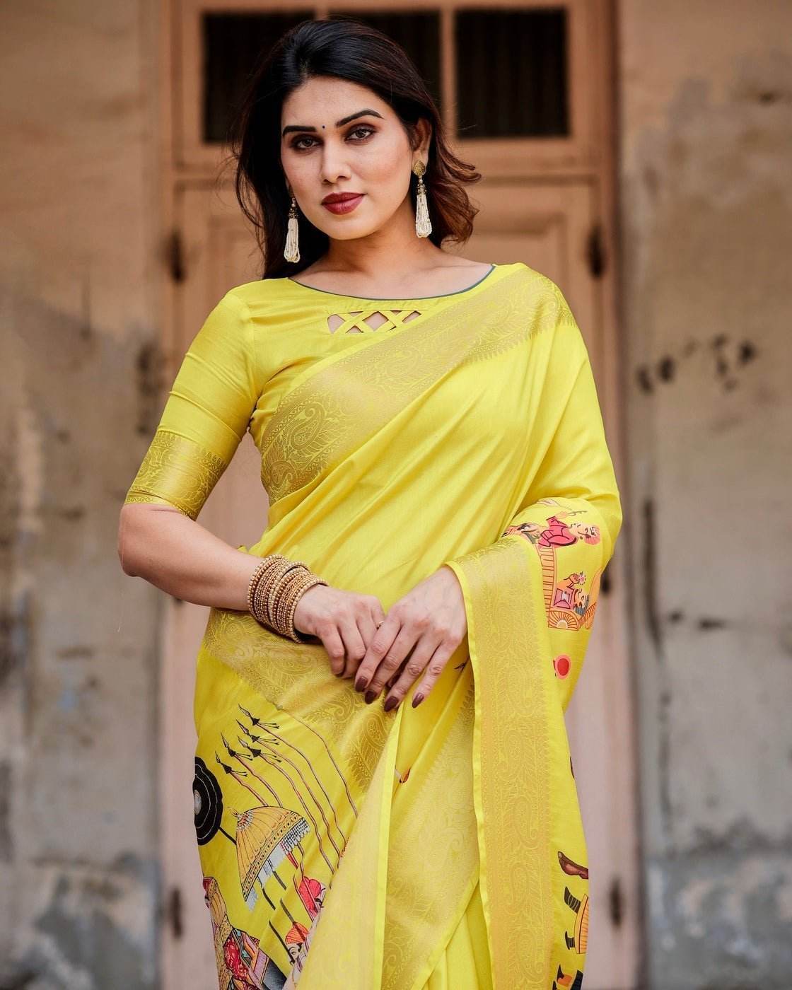 Vibrant Yellow Tussar Silk Saree with Royal Procession Pallu and Zari Accents - SEEANS