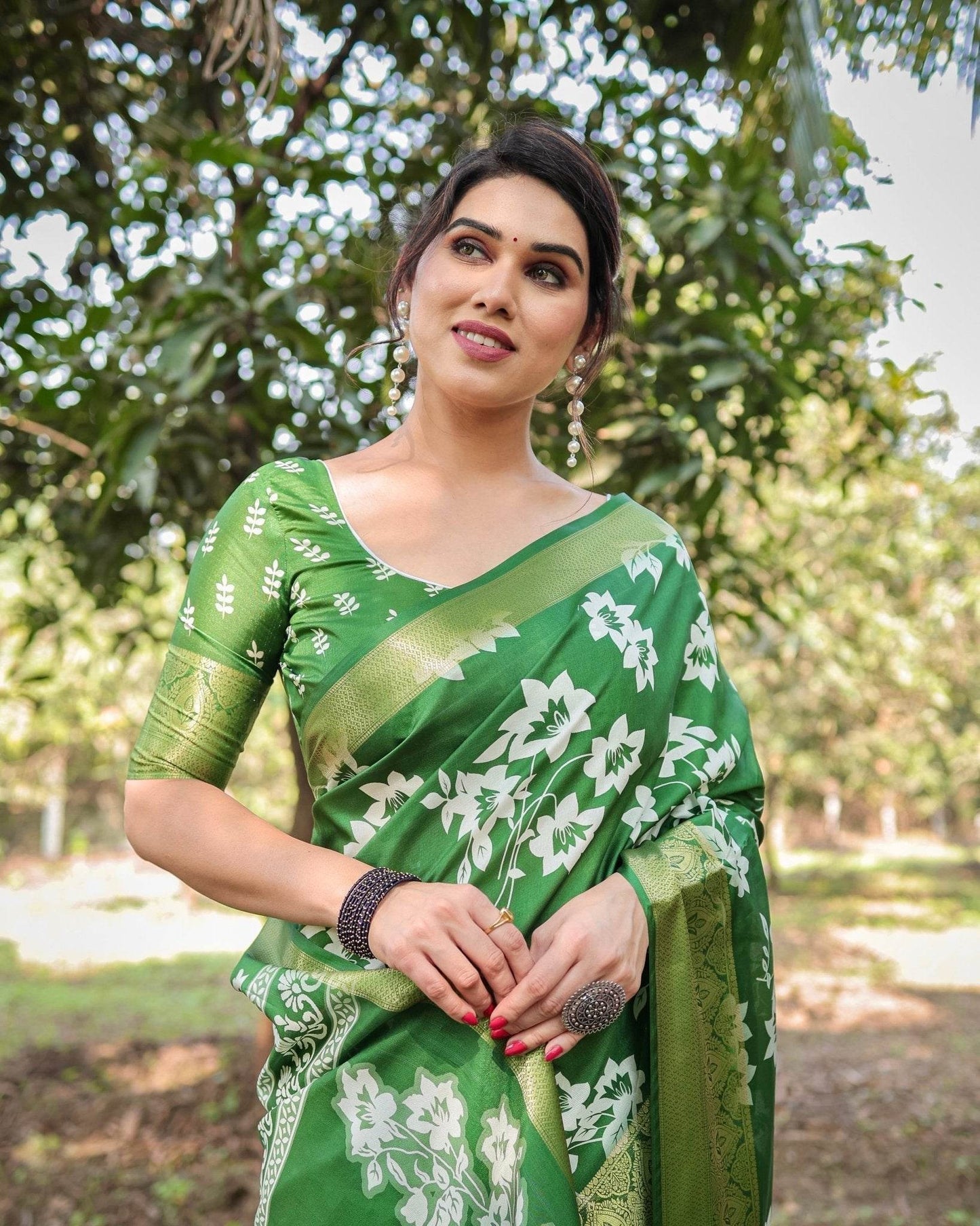 Enchanting Green Tussar Silk Saree with White Floral Prints and Zari Border - SEEANS