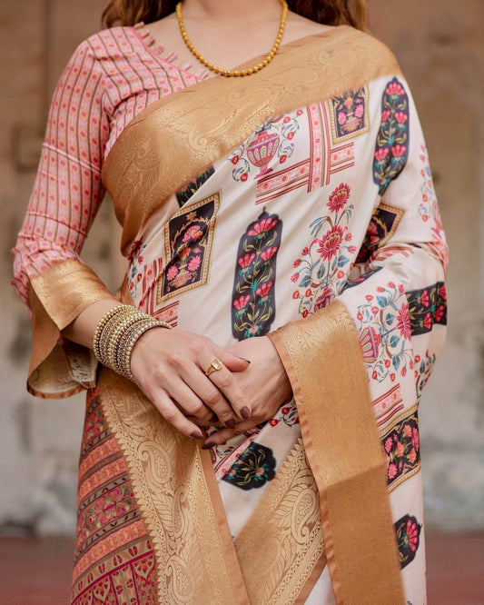 Ivory Tussar Silk Saree with Artistic Floral Motifs and Gleaming Golden Zari Border - SEEANS