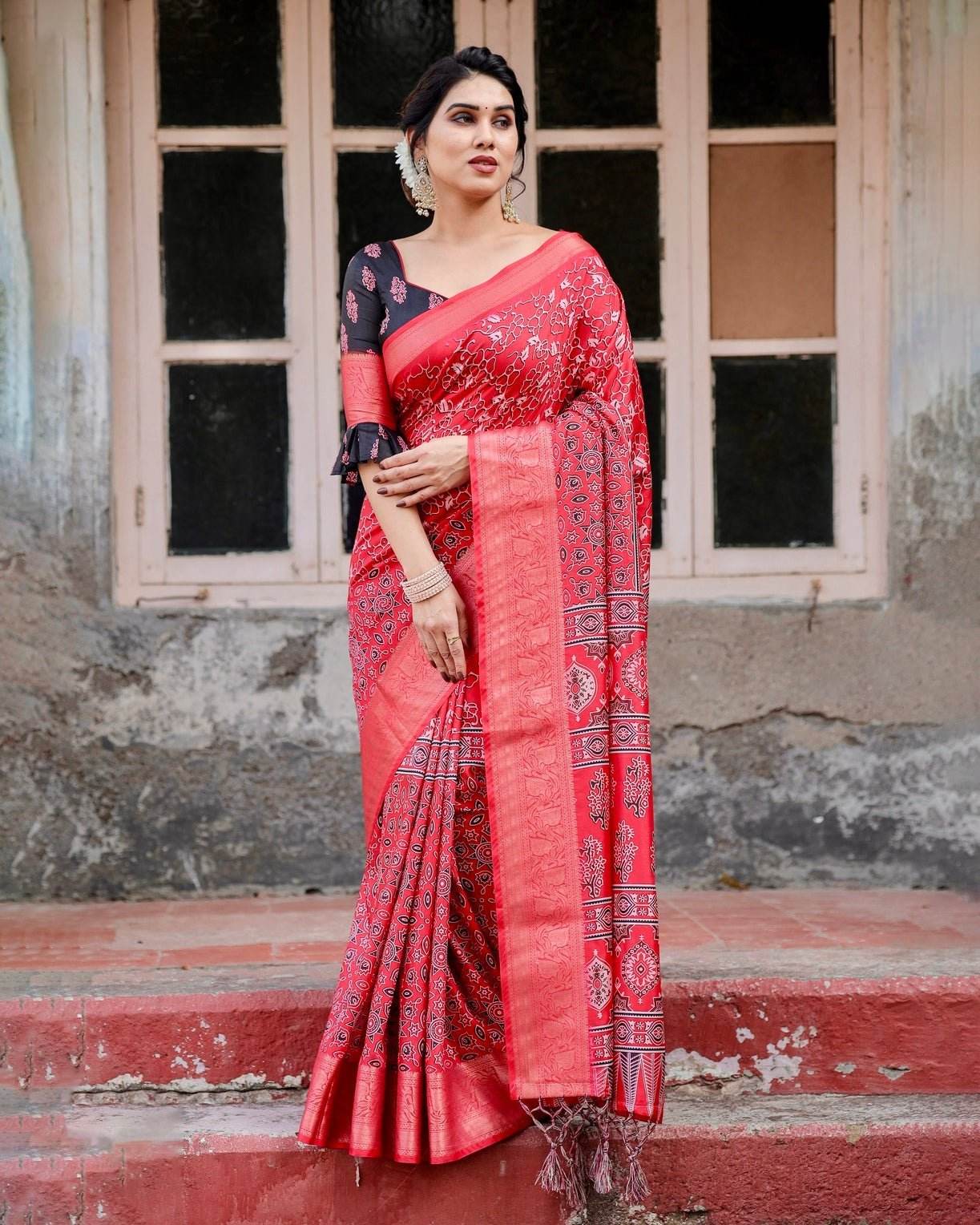 Fiery Red Tussar Silk Saree with Ornamental Motifs and Detailed Zari Pallu - SEEANS