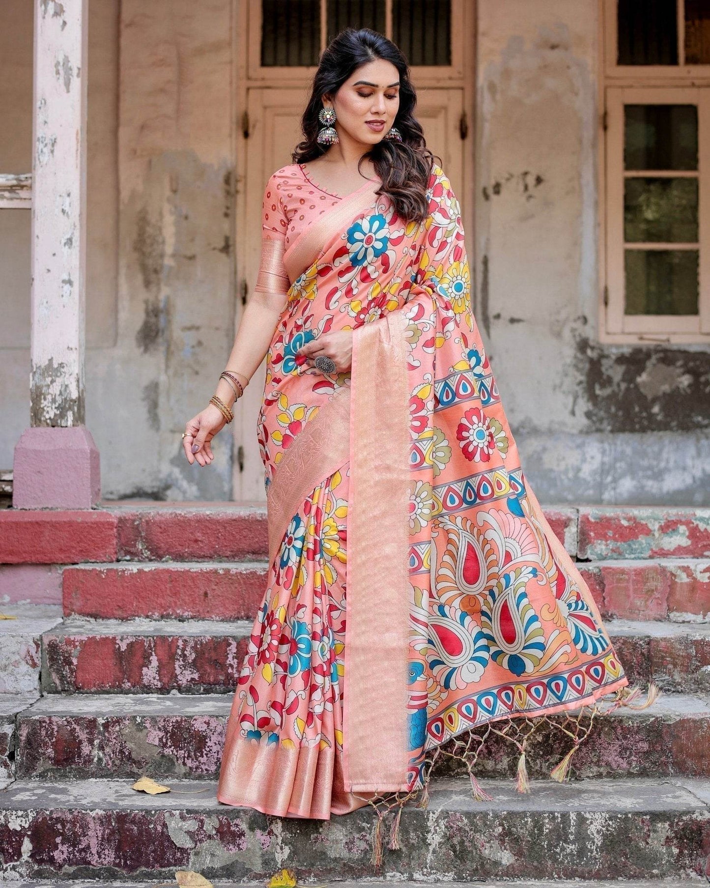 Peach Tussar Silk Saree with Vibrant Floral Kalamkari and Zari Highlights - SEEANS