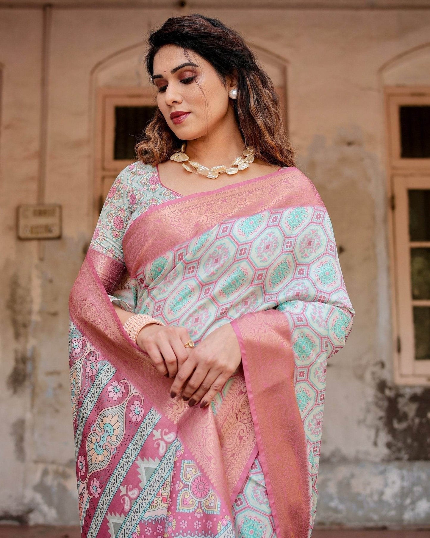 Pastel Pink and Mint Green Geometric Tussar Silk Saree with Zari Paisley Border - SEEANS