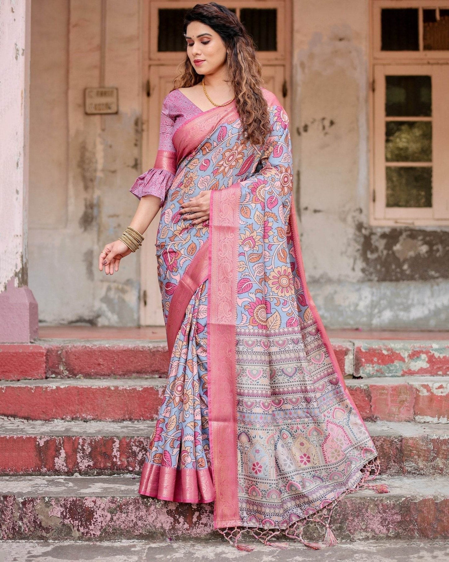 Graceful Grey Tussar Silk Saree with Pink Zari Border and Intricate Floral Motifs - SEEANS