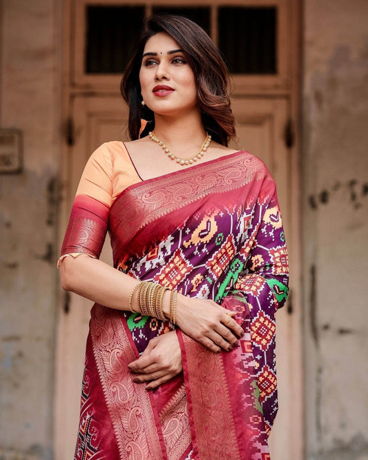 Wine Purple Tussar Silk Saree with Ikat-Inspired Patterns and Rich Zari Border - SEEANS