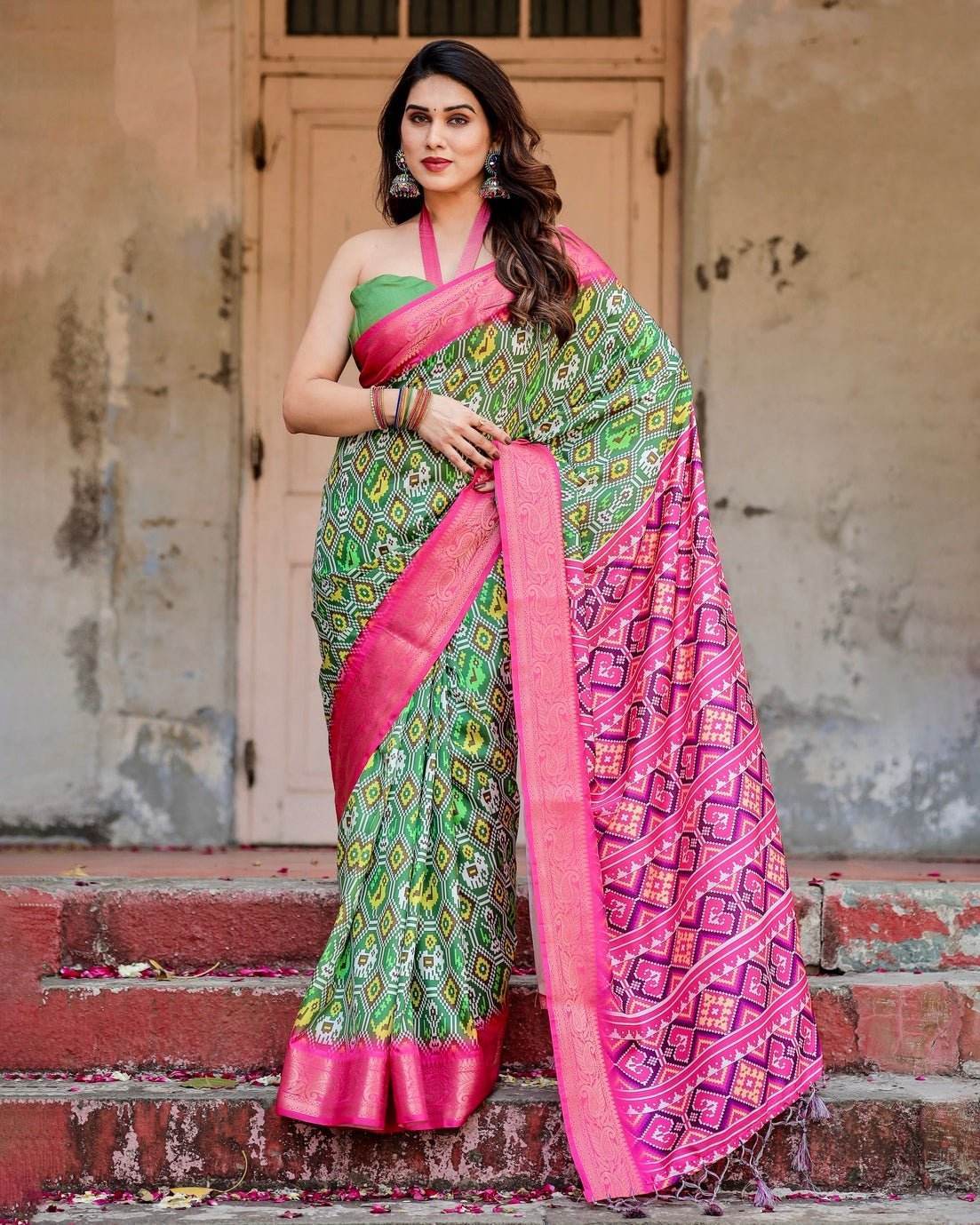 Green and Pink Tussar Silk Saree with Vibrant Ikat Patterns and Zari Border - SEEANS