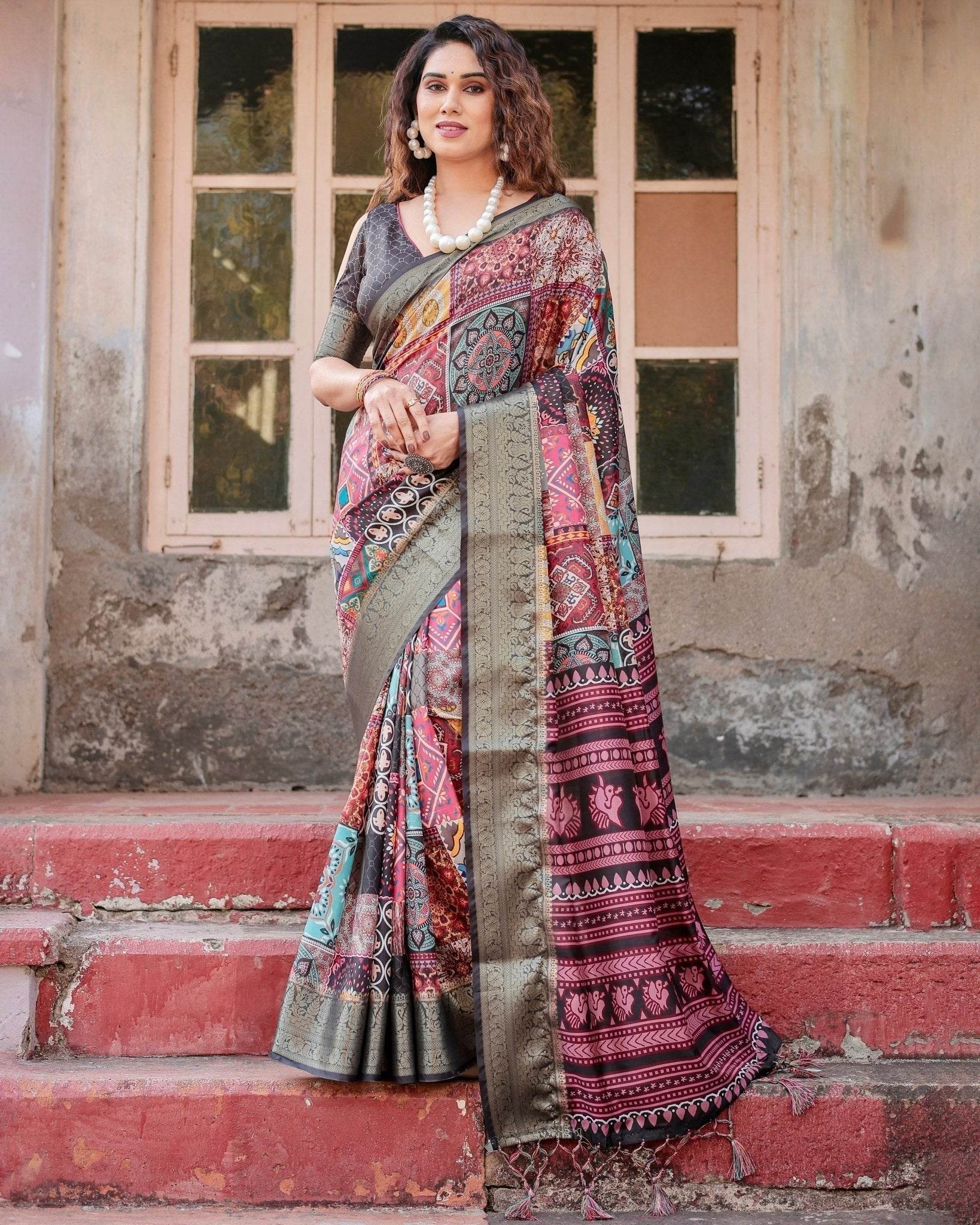 Multicolor Tussar Silk Saree with Ornamental Patchwork and Olive Zari Border - SEEANS