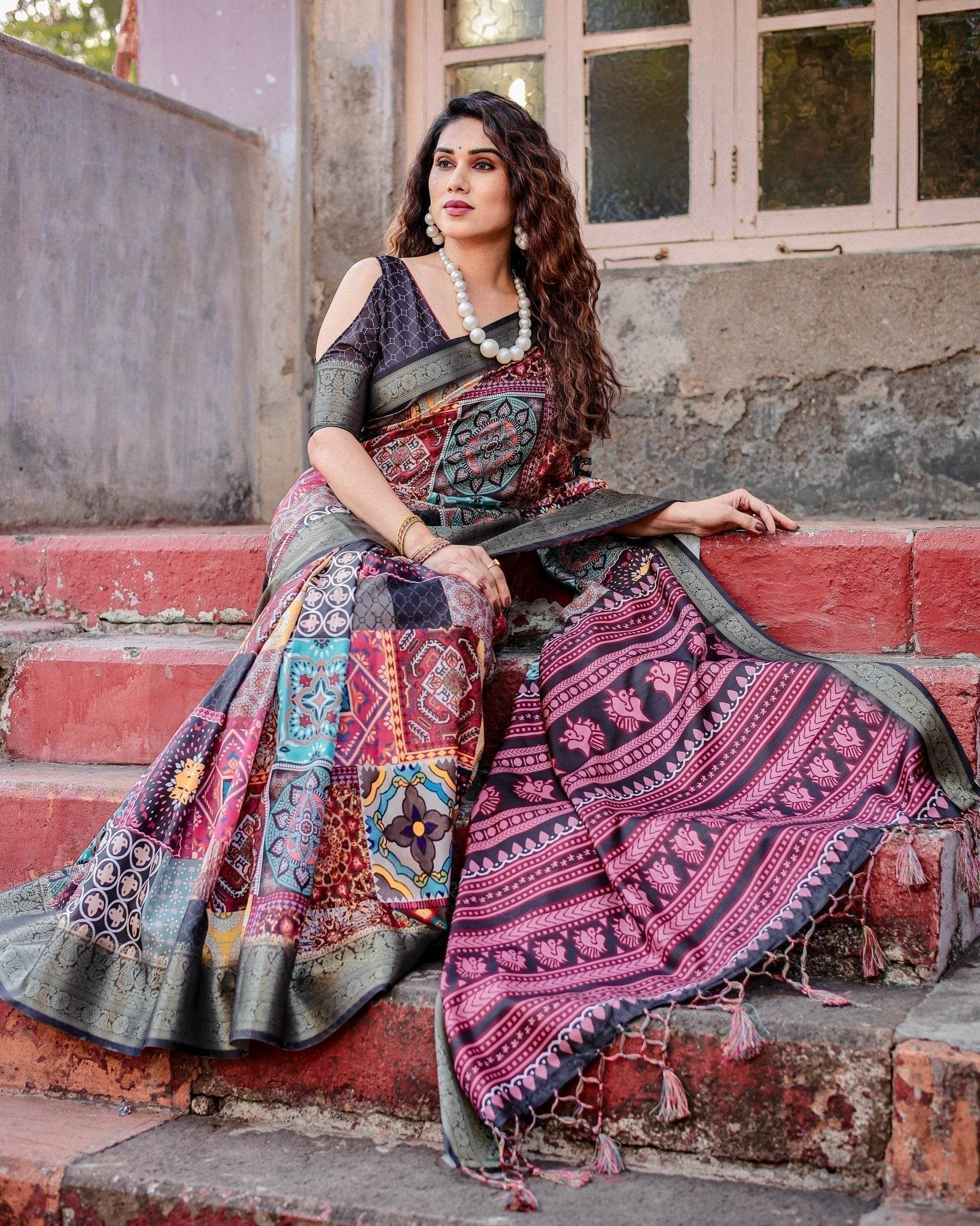 Multicolor Tussar Silk Saree with Ornamental Patchwork and Olive Zari Border - SEEANS