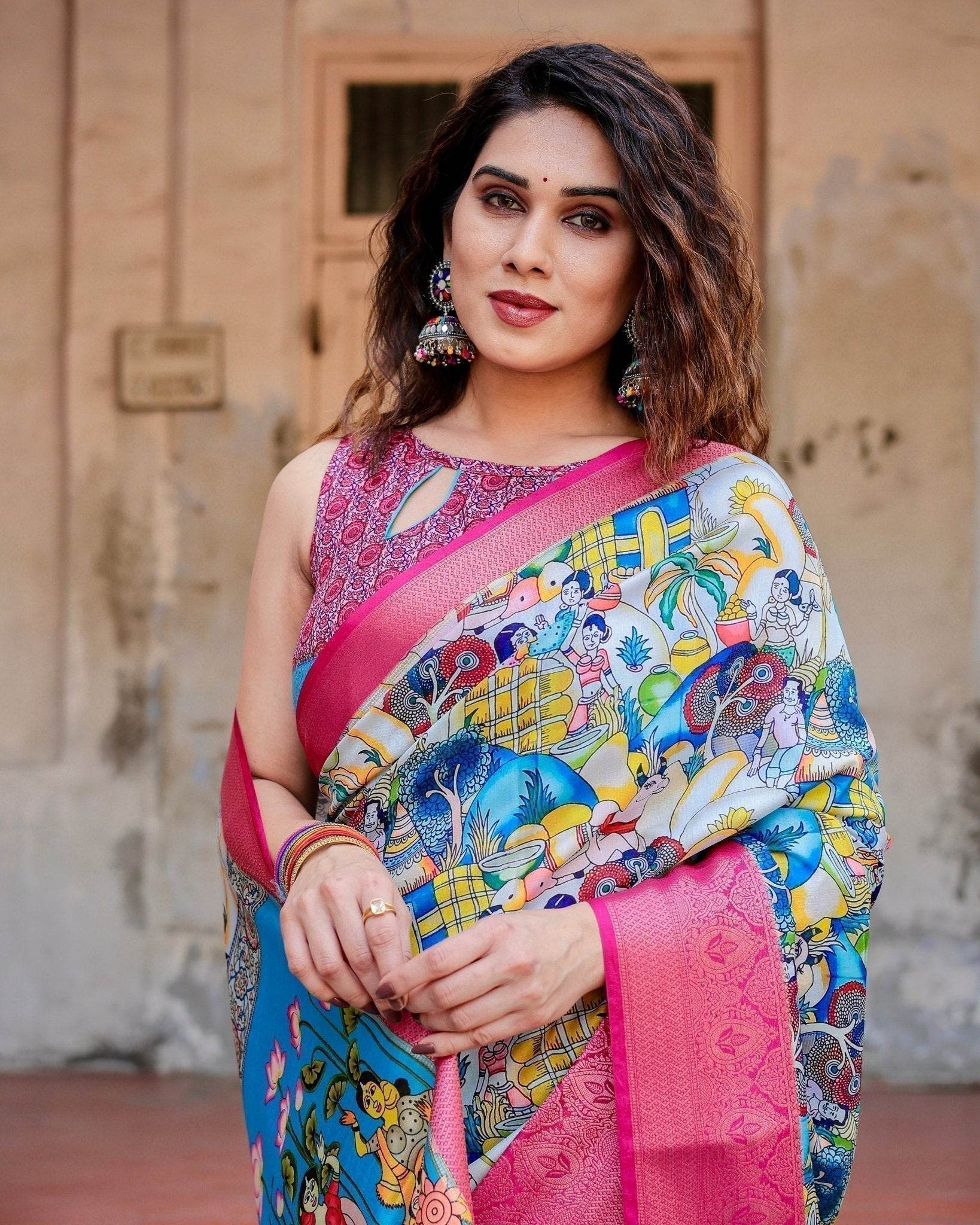 Vibrant Multicolor Digital Printed Tussar Silk Saree with Pink Zari Border - SEEANS