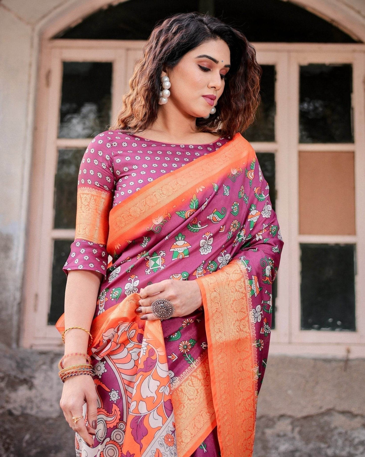 Wine Purple and Orange Tussar Silk Saree with Floral Motifs and Artistic Pallu - SEEANS