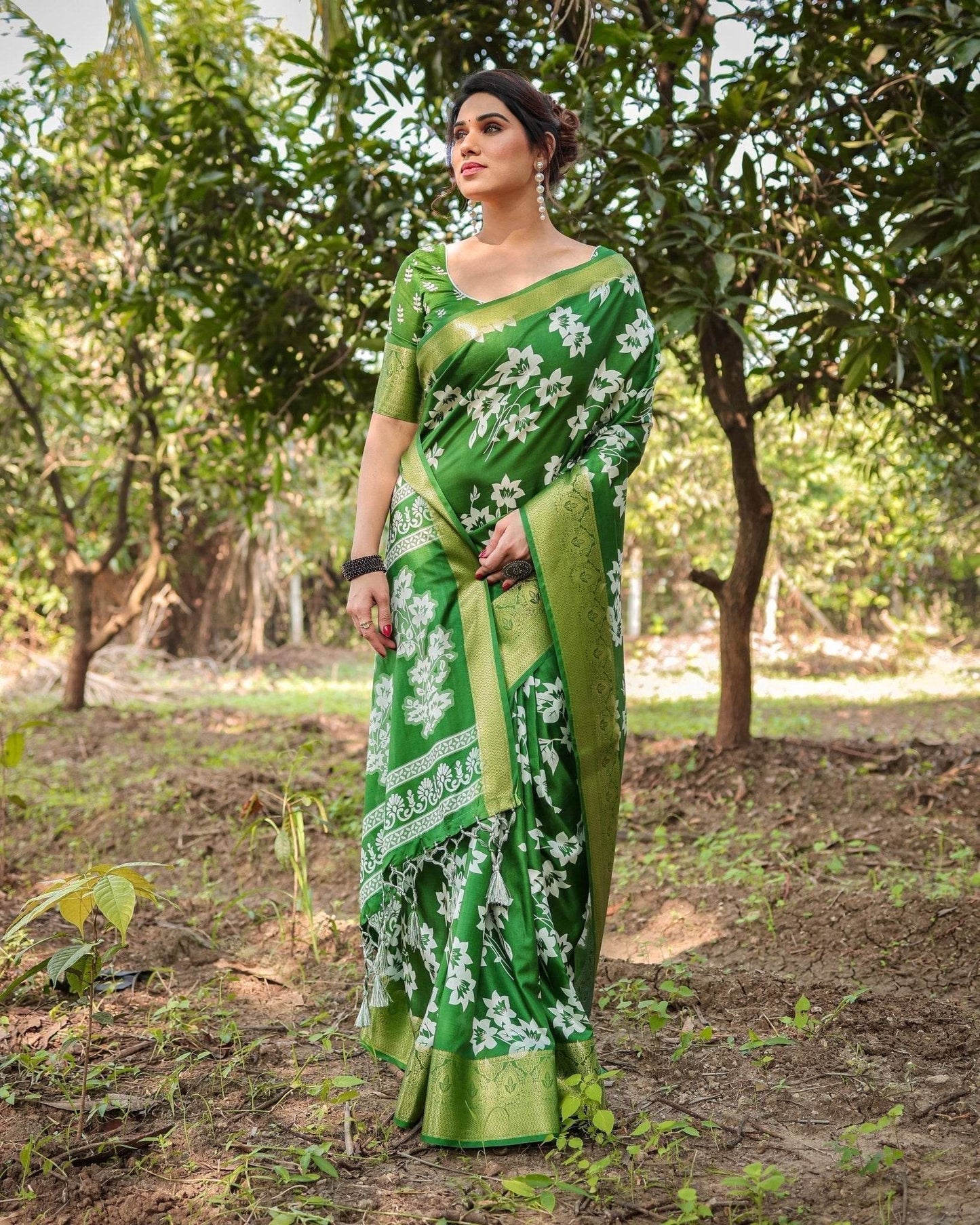 Enchanting Green Tussar Silk Saree with White Floral Prints and Zari Border - SEEANS