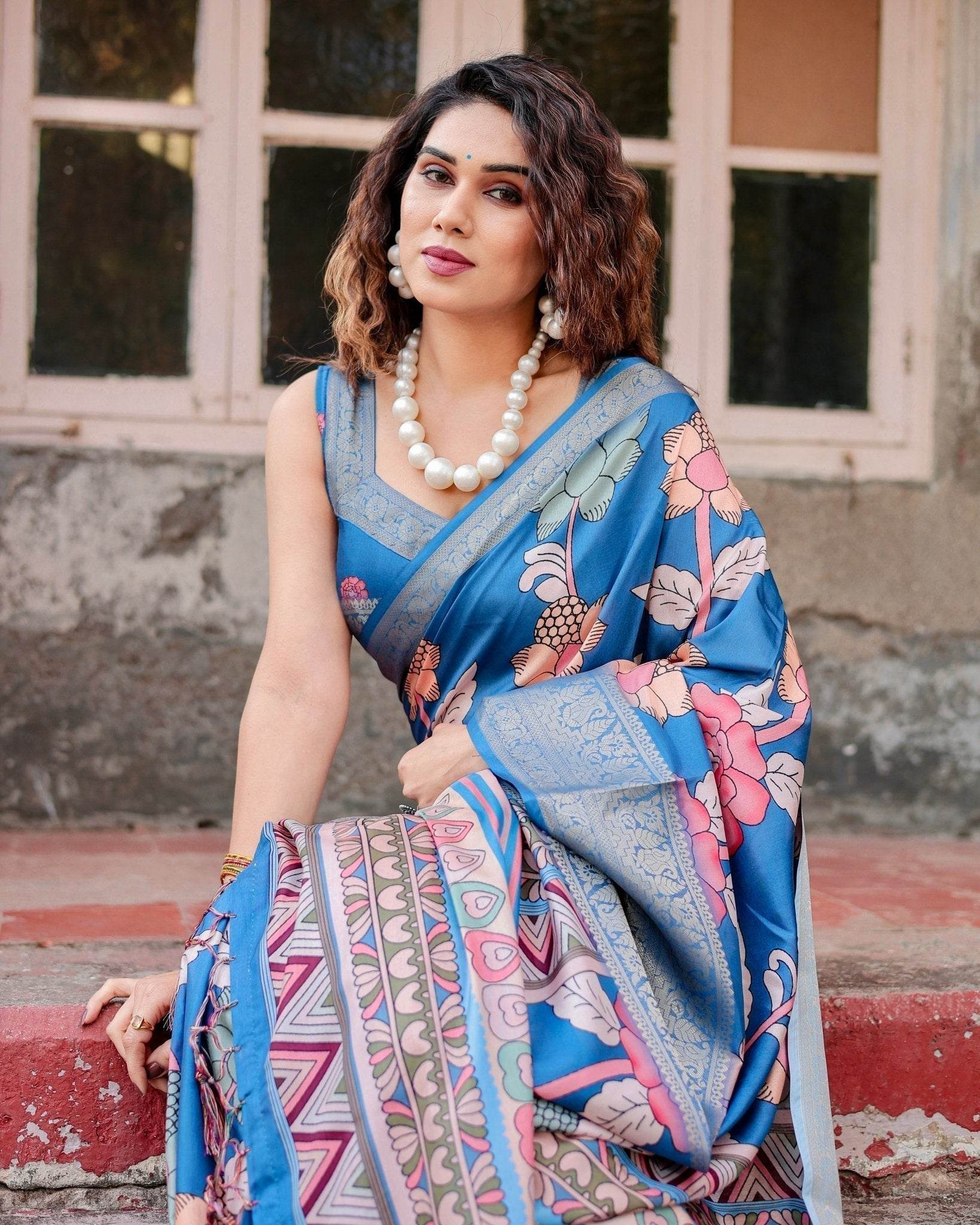 Sky Blue Tussar Silk Saree with Bold Floral Motifs and Chevron Pallu Design - SEEANS