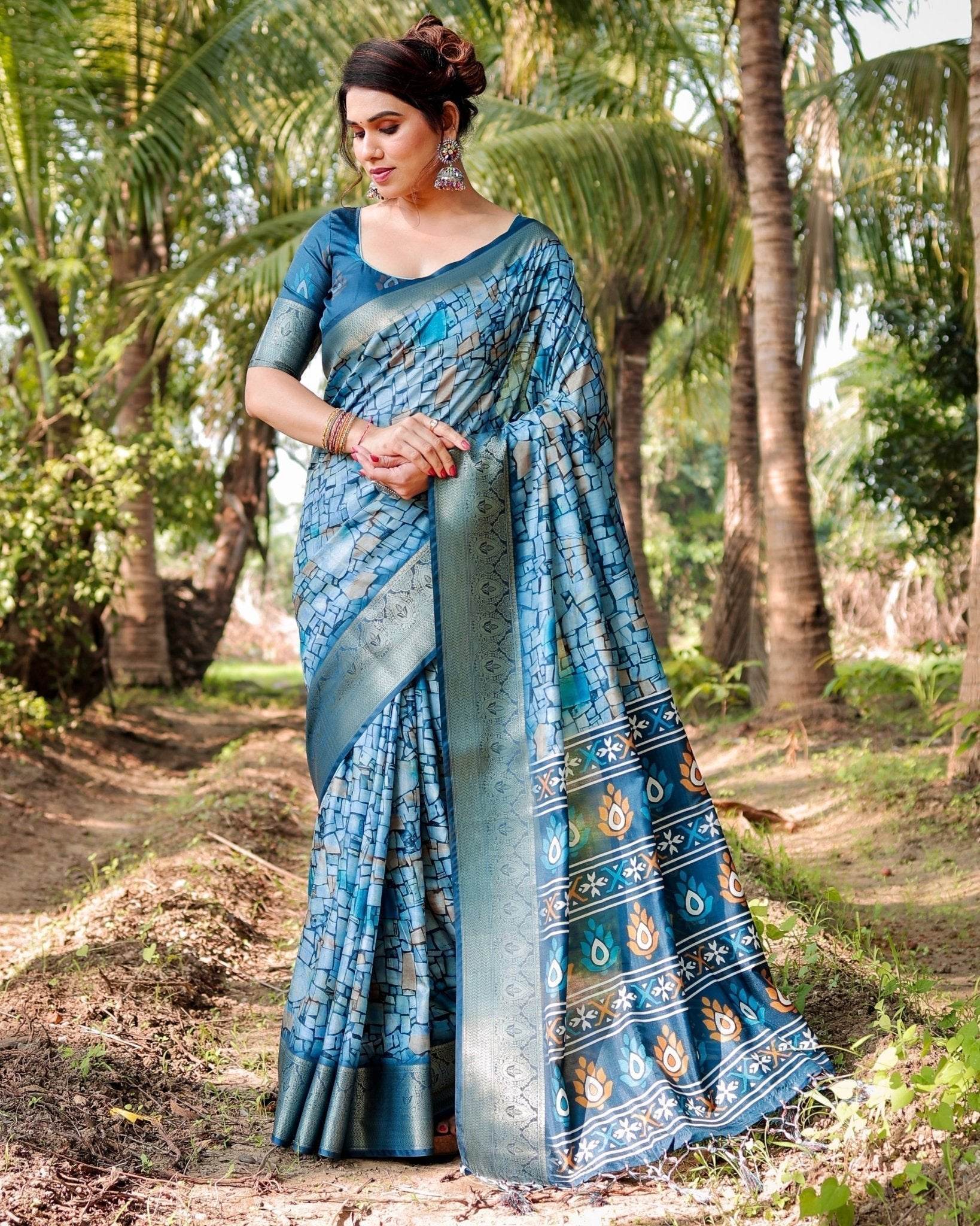 Mesmerizing Blue Tussar Silk Saree with Golden Zari Border and Mosaic-Inspired Pallu Design - SEEANS