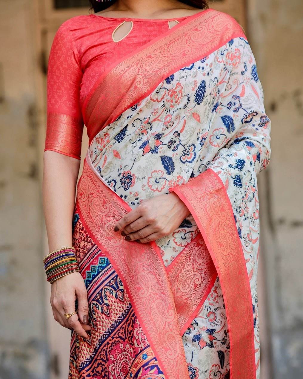 Ivory Tussar Silk Saree with Coral Zari Border and Intricate Floral Motifs - SEEANS