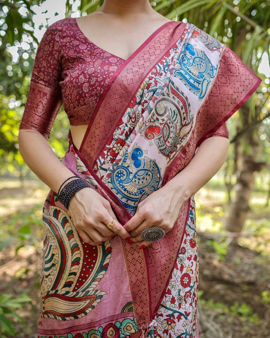 Blush Pink Digital Print Tussar Silk Saree with Zari Border and Peacock Motif Pallu - SEEANS