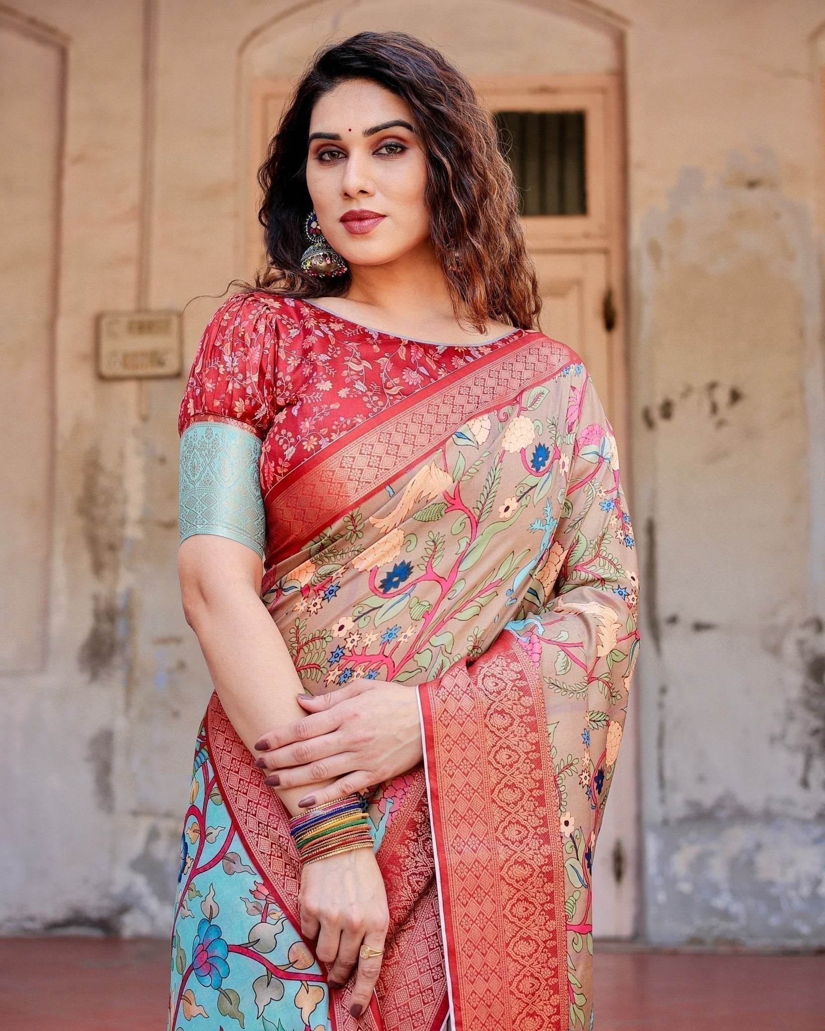 Beige Tussar Silk Saree with Vibrant Multicolor Floral Prints and Red Zari Border - SEEANS