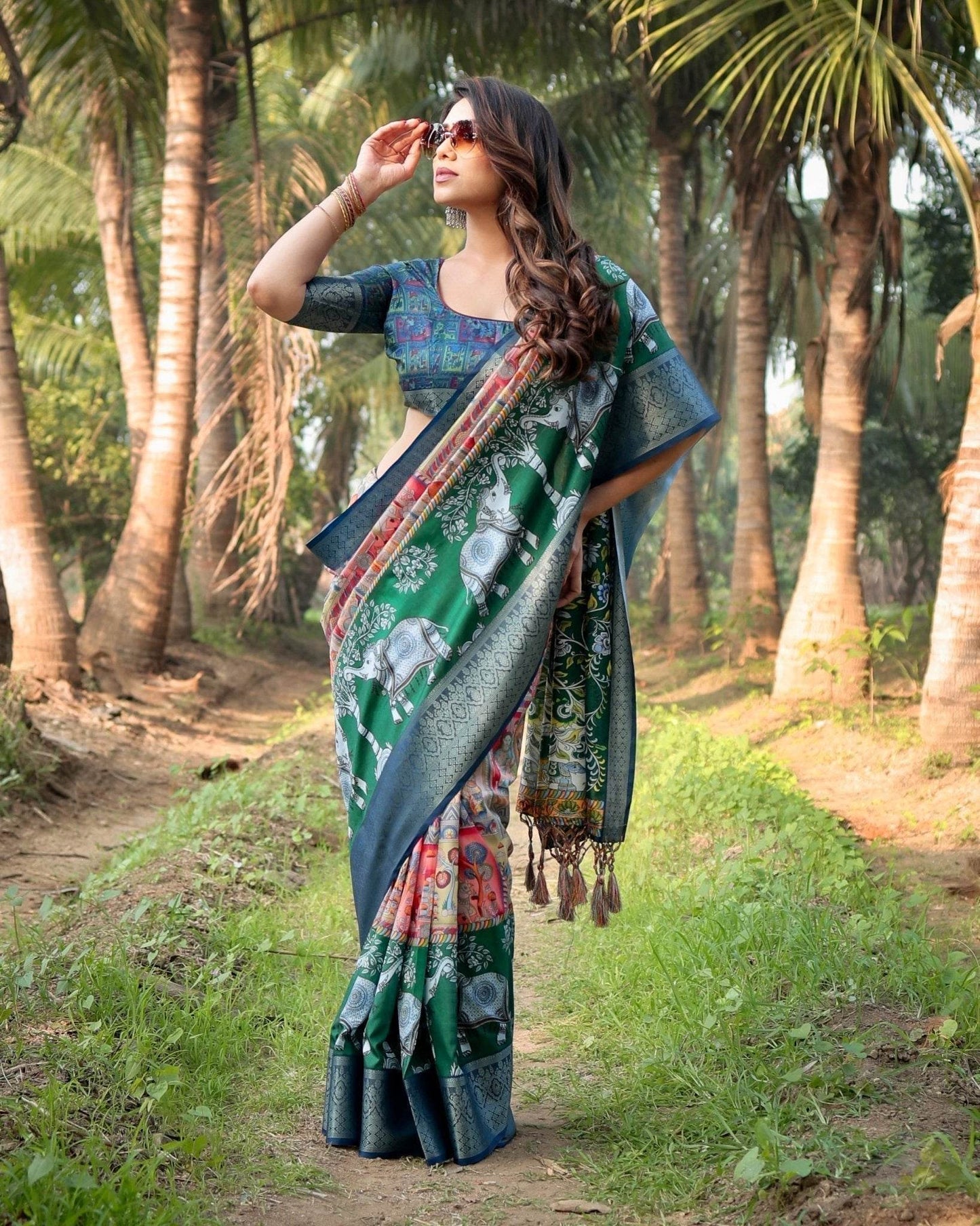 Multicolored Digital Print Tussar Silk Saree with Intricate Zari Border and Elephant Motif Pallu - SEEANS