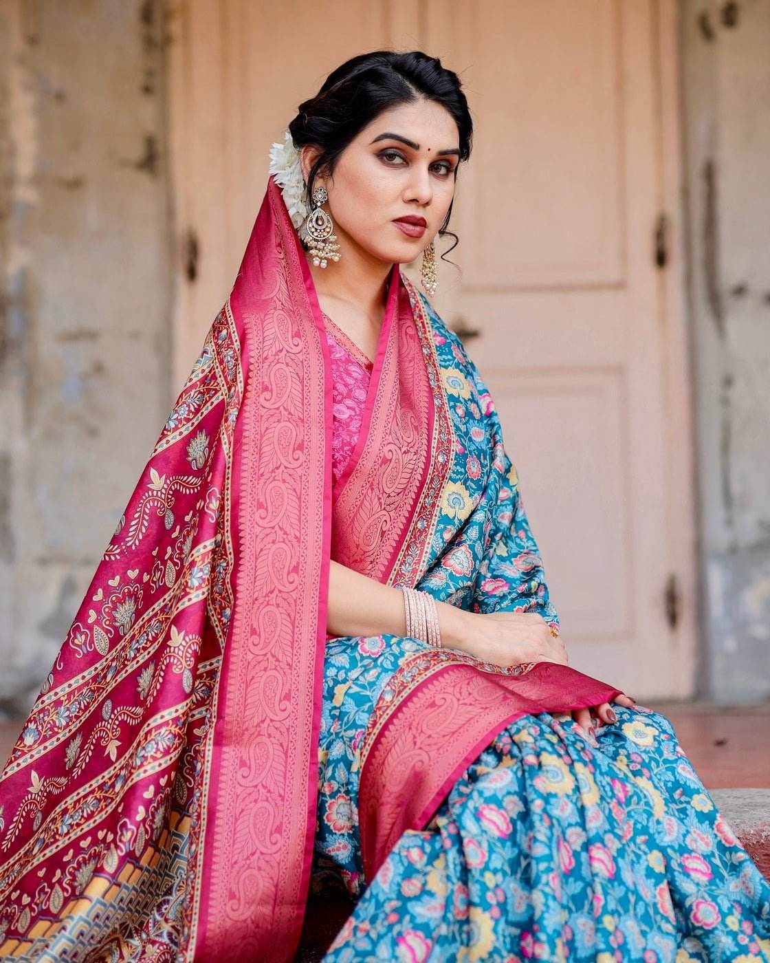 Teal Blue and Coral Tussar Silk Saree with Vibrant Floral Motifs and Ornamental Pallu - SEEANS