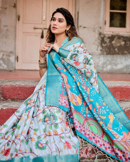 Sky Blue Tussar Silk Saree with Multicolor Floral Design and Zari Paisley Border - SEEANS