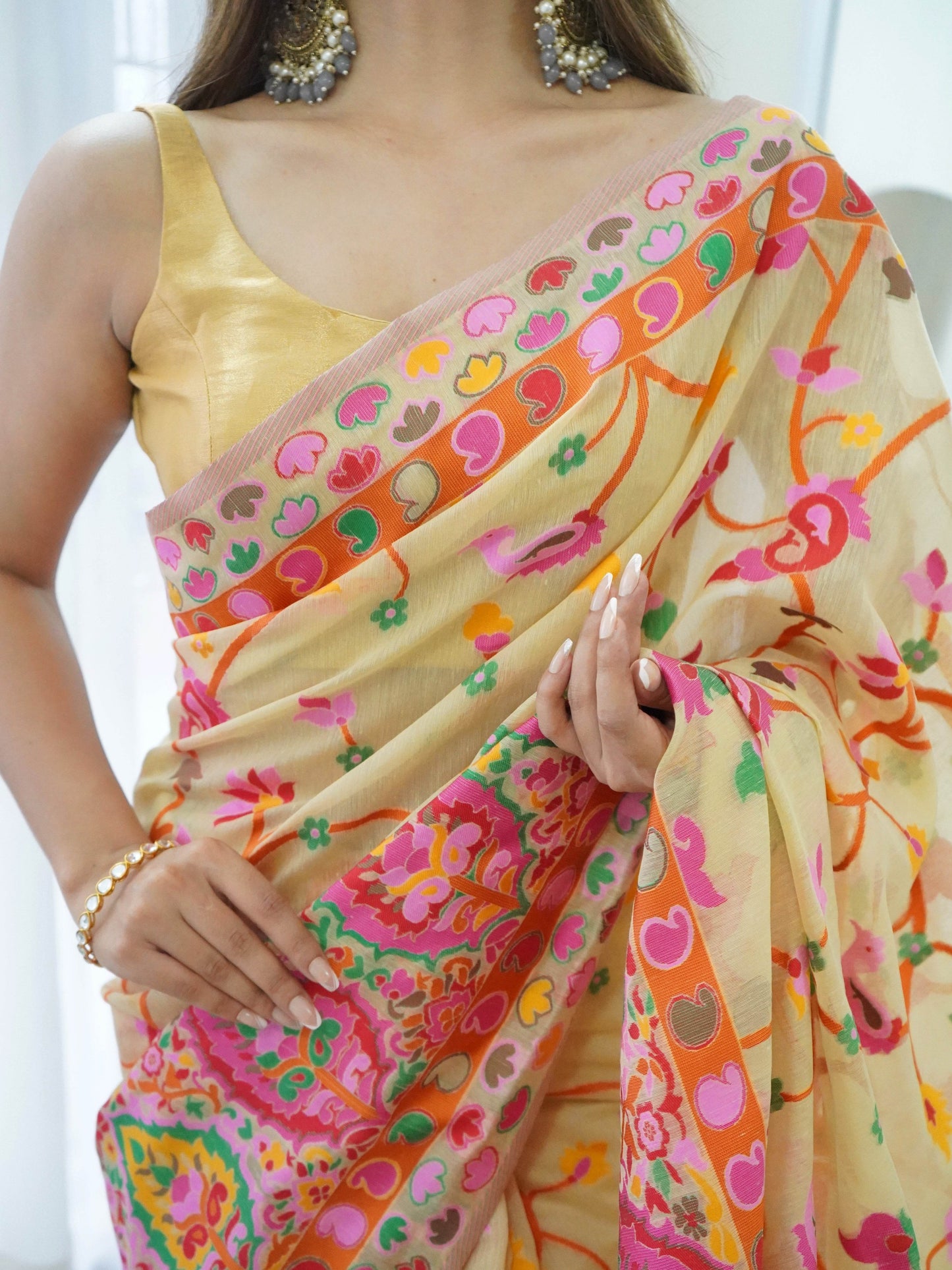 Kashmiri Pashmina Cotton Kachhi Work Saree - Elegant & Traditional - SEEANS