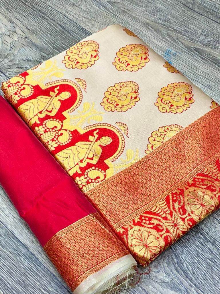 Kanjivaram Soft Lichi Silk Saree with Intricate Weaving & Rich Border - SEEANS