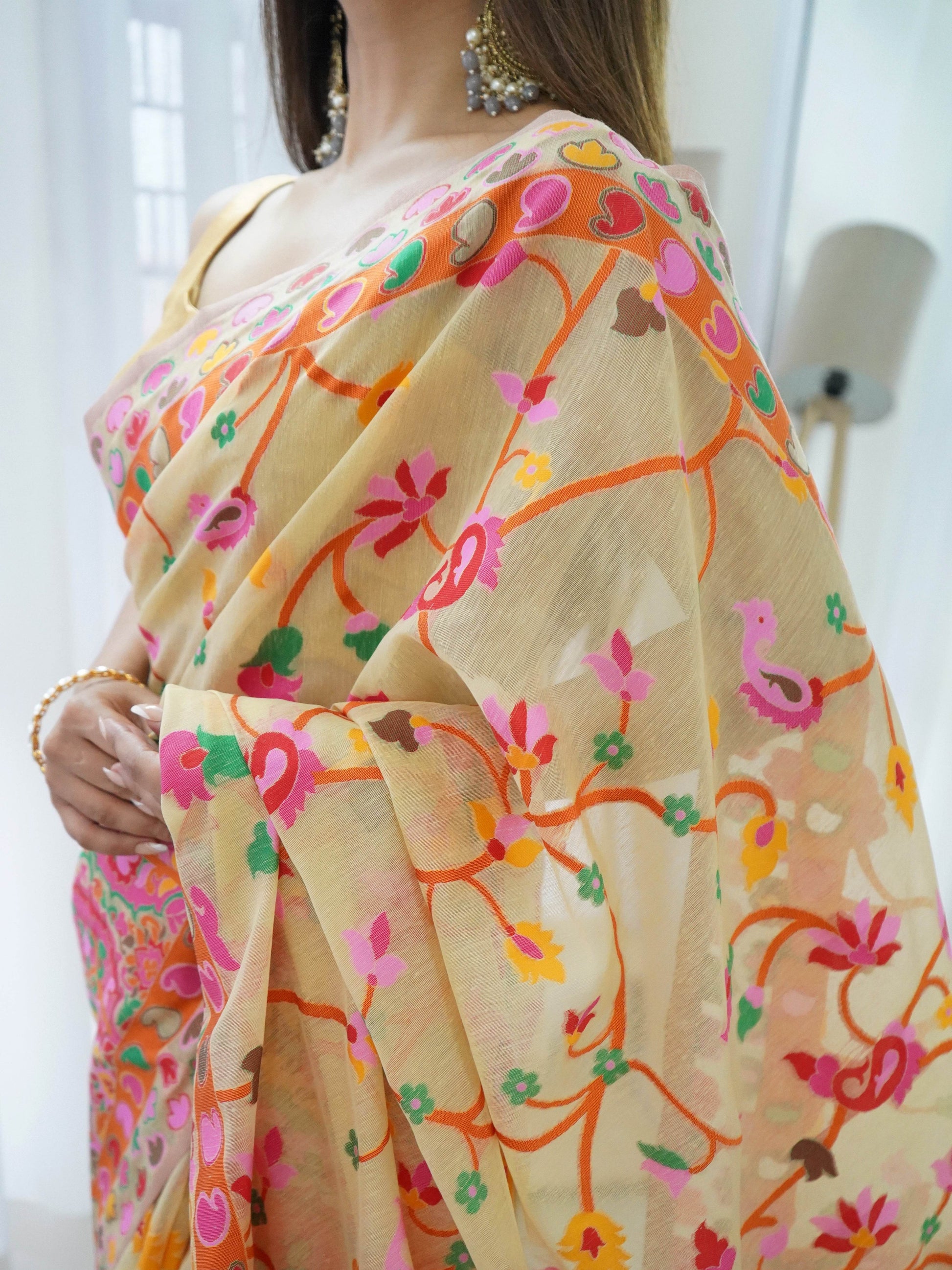 Kashmiri Pashmina Cotton Kachhi Work Saree - Elegant & Traditional - SEEANS