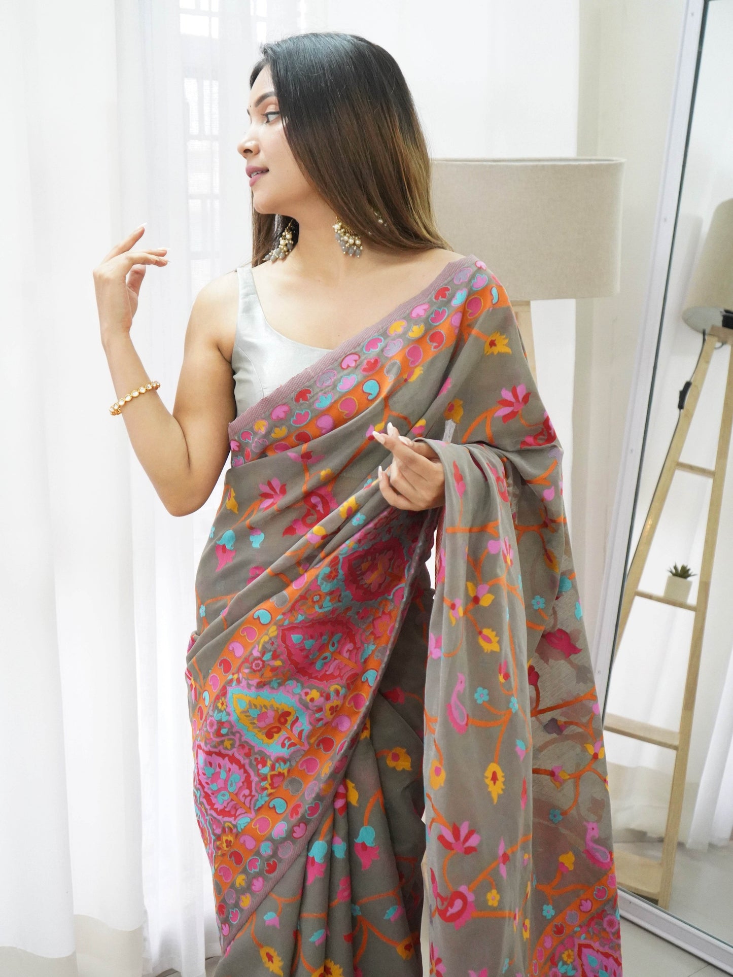 Kashmiri Pashmina Cotton Kachhi Work Saree - Traditional & Elegant - SEEANS