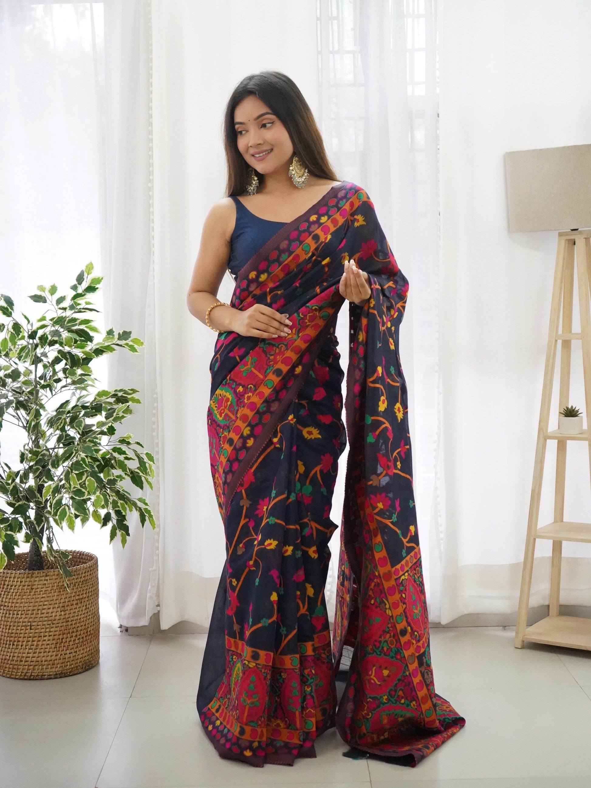 Kashmiri Pashmina Cotton Kachhi Work Multi Thread Saree – Elegant & Traditional - SEEANS